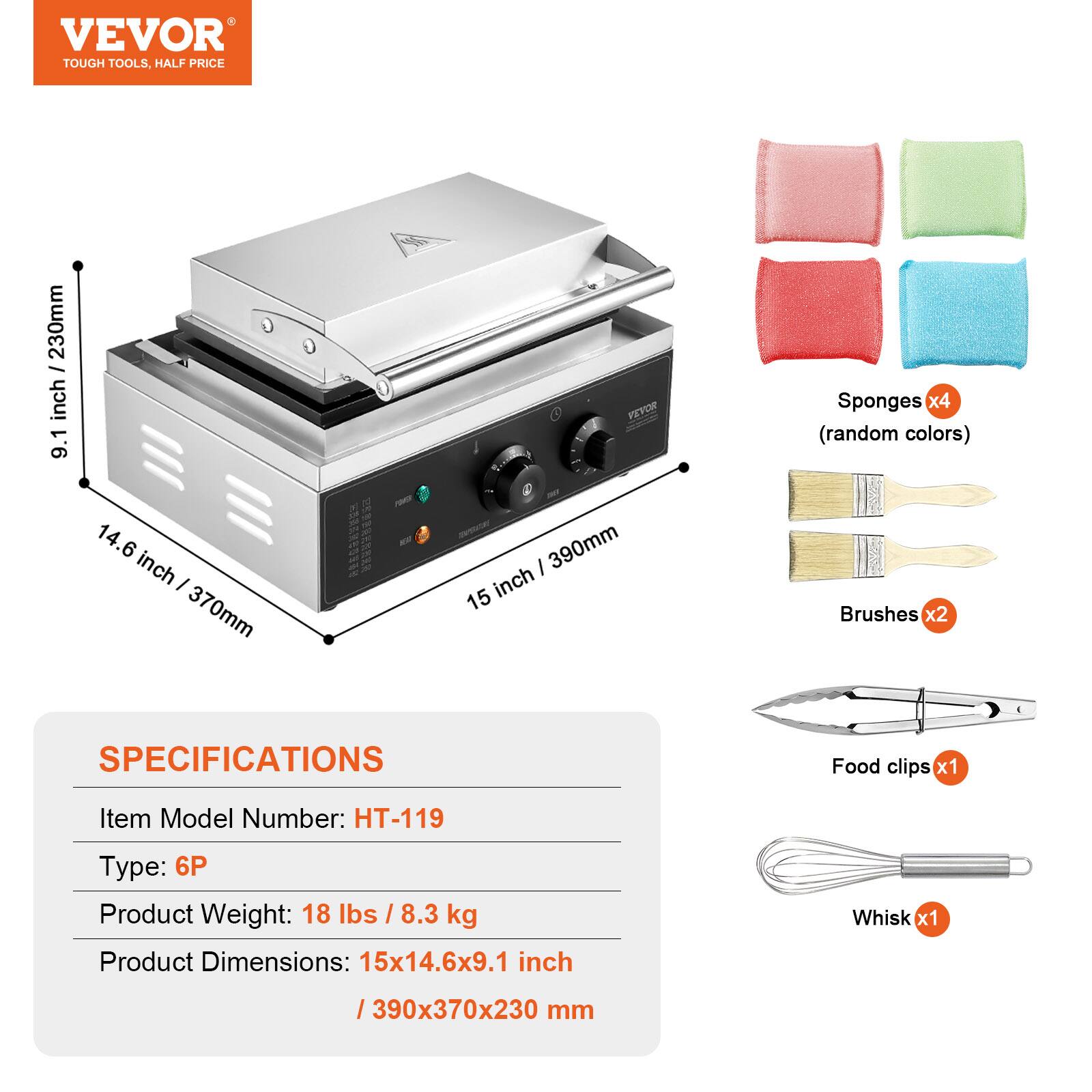 VEVOR TOUGH TOOLS, HALF PRICE

230mm / 9.1 inch
14.6 inch / 370mm
15 inch / 390mm

Sponges x4 (random colors)
Brushes x2
Food clips x1
Whisk x1

SPECIFICATIONS
Item Model Number: HT-119
Type: 6P
Product Weight: 18 lbs / 8.3 kg
Product Dimensions: 15x14.6x9.1 inch / 390x370x230 mm