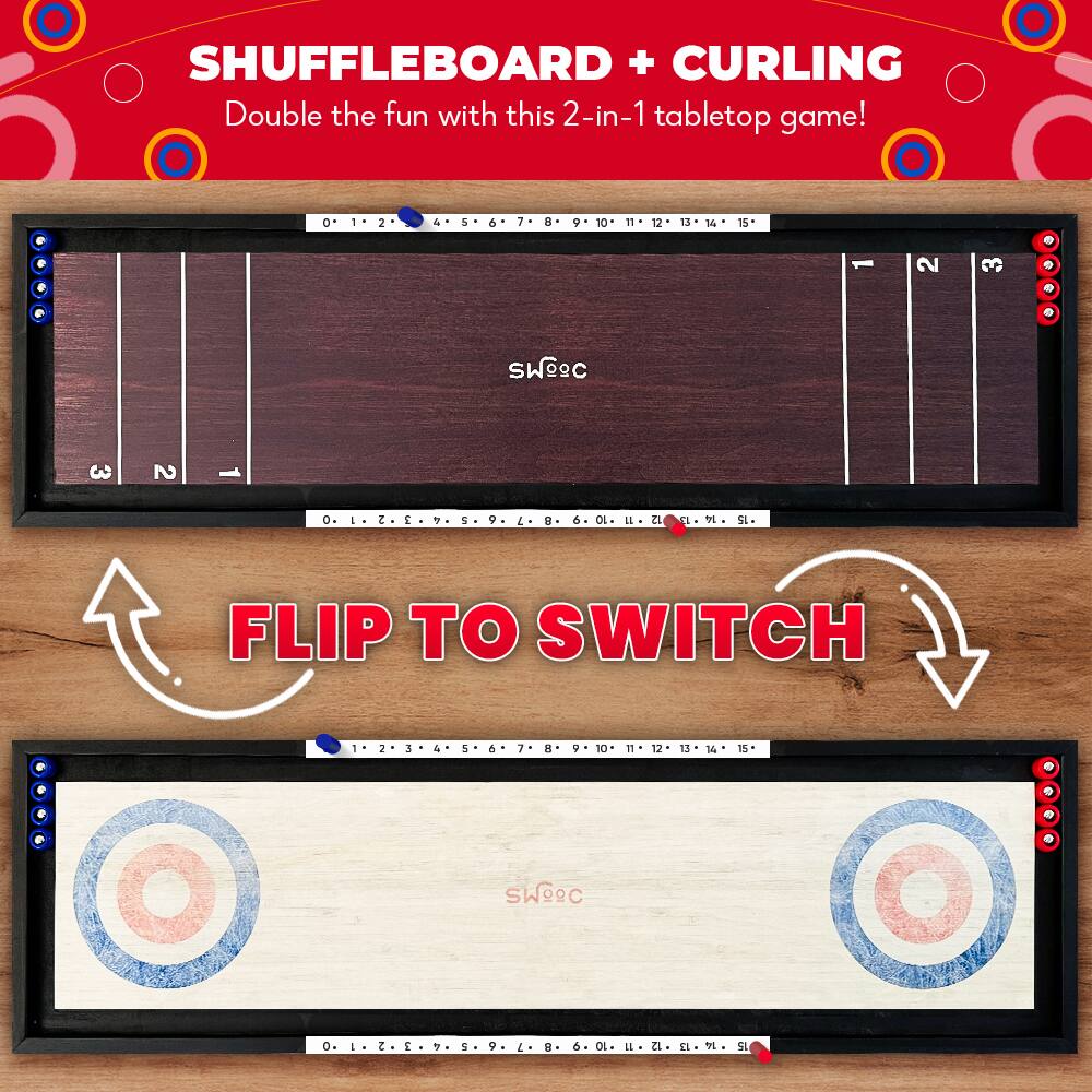 SHUFFLEBOARD + CURLING  
Double the fun with this 2-in-1 tabletop game!  

0 1 2 3 4 5 6 7 8 9 10 11 12 13 14 15  

SW8C  

FLIP TO SWITCH  

0 1 2 3 4 5 6 7 8 9 10 11 12 13 14 15  

SW8C