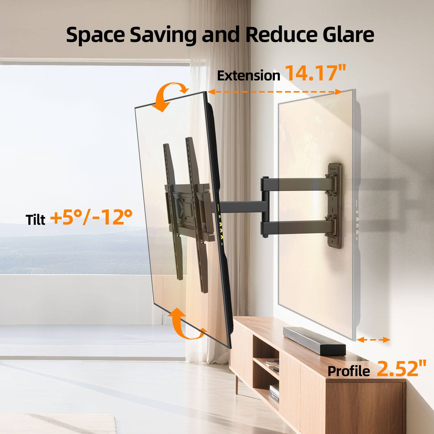 Space Saving and Reduce Glare, Extension 14.17", Tilt +5%-12°, Profile 2.52"