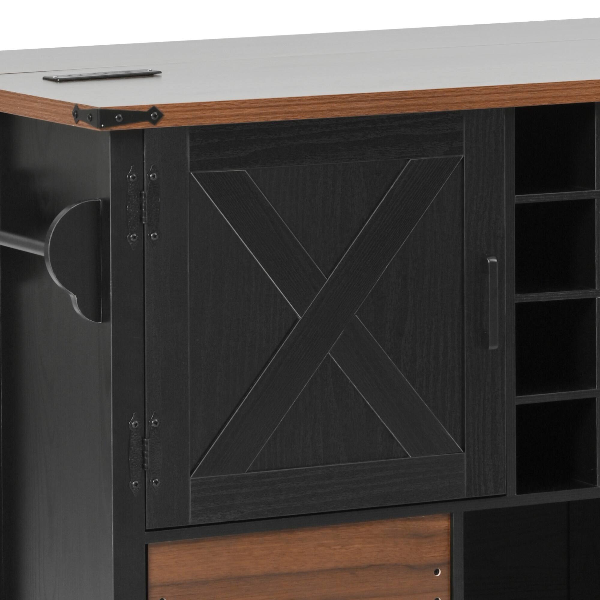 Left. ELEMENT ACE - Farmhouse Kitchen Island with Drop Leaf, Power Outlet, Storage Cart and Wheels - Black.