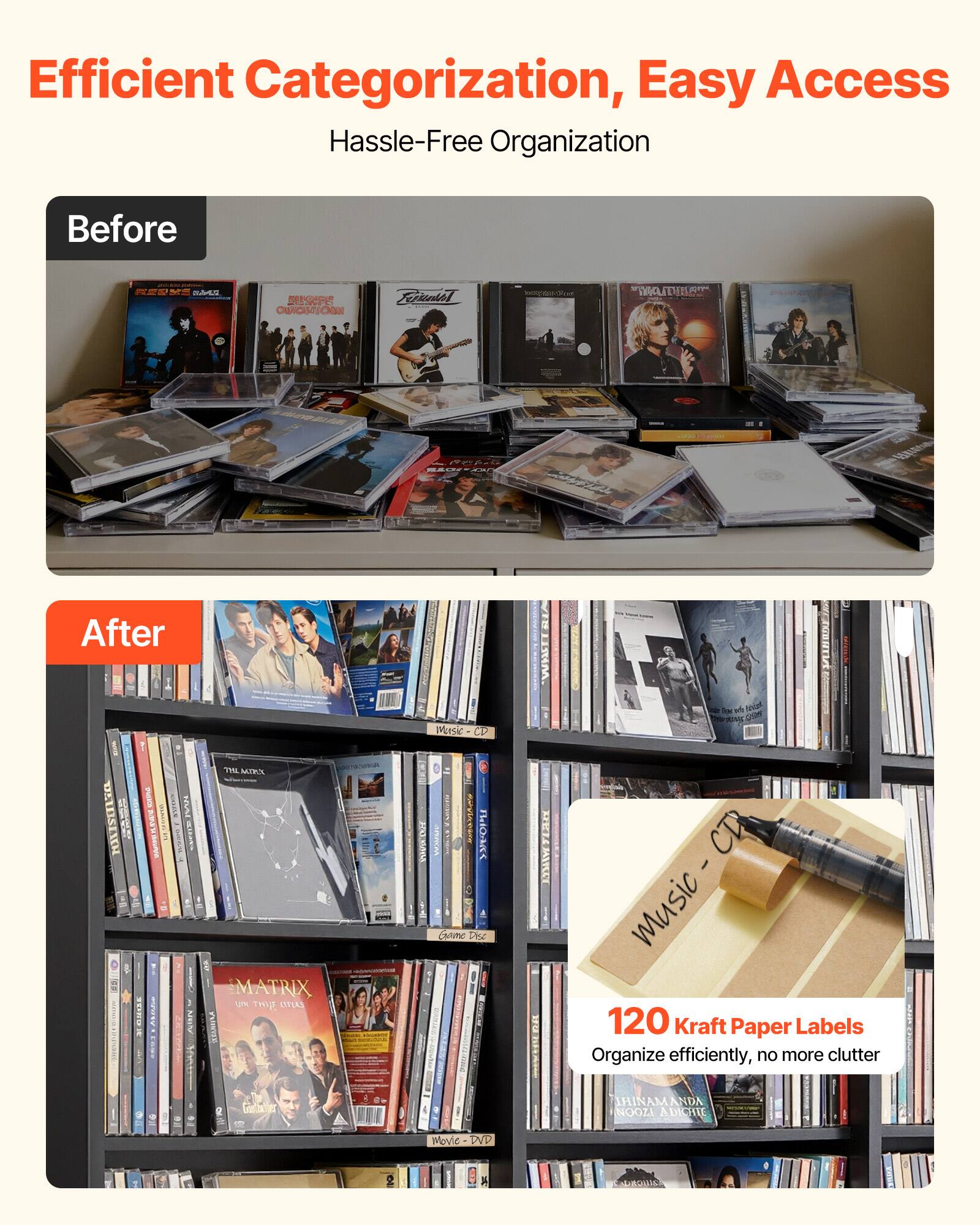Efficient Categorization, Easy Access  
Hassle-Free Organization

Before

After

120 Kraft Paper Labels  
Organize efficiently, no more clutter