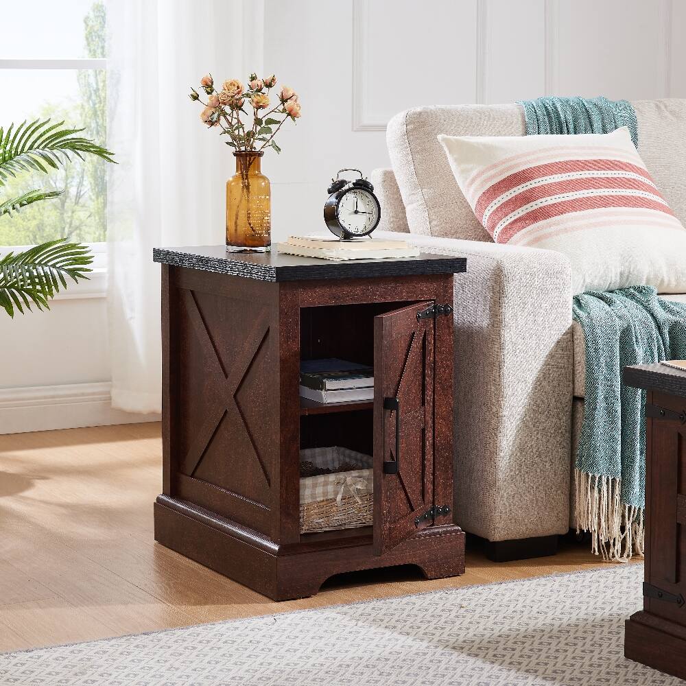 Back. Loheer - Loheer Farmhouse End Table Rustic Nightstand Oak Side Table with Barn Door Adjustable Shelf for Living Room Bedroom - Oak.