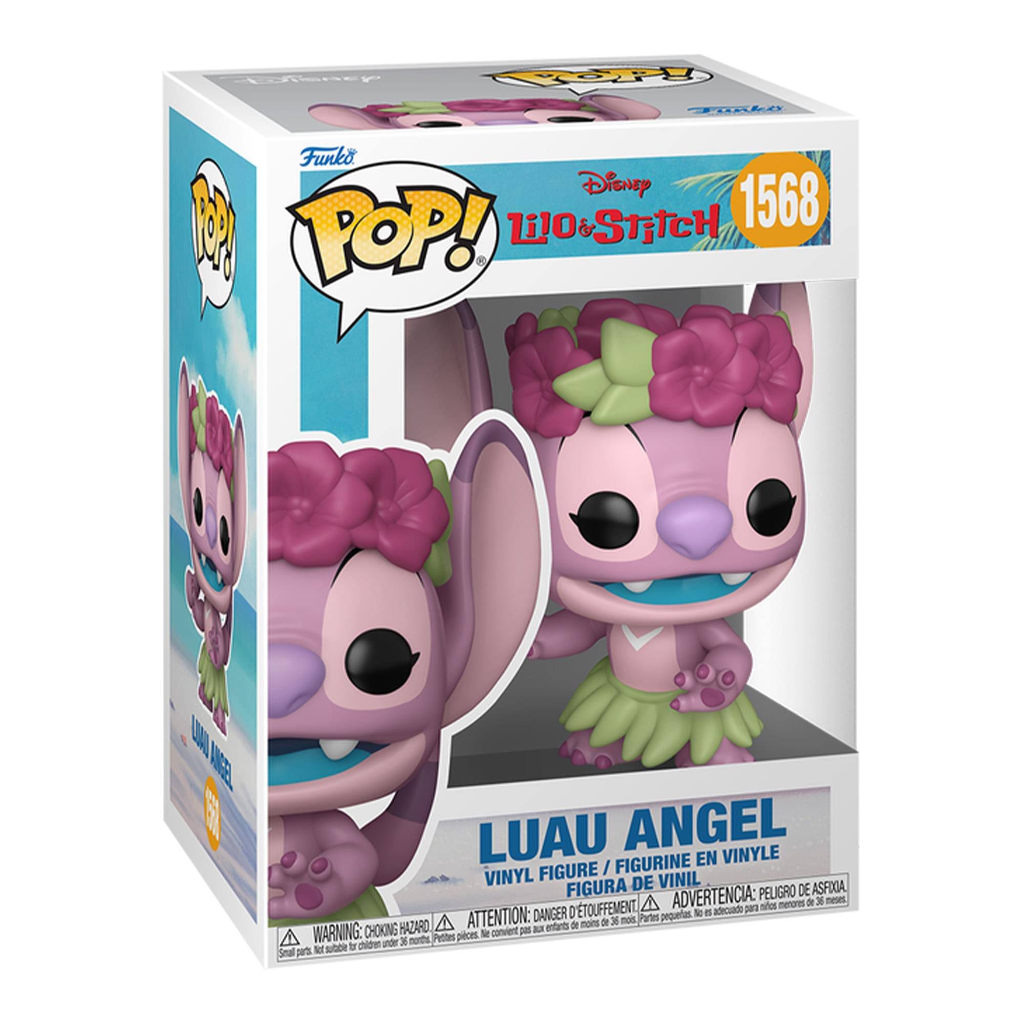 Sure, here is the corrected and grouped text from the image:

---

**Top Left:**
- Funko POP!

**Top Center:**
- Disney Lilo & Stitch
- 1568

**Center:**
- LUAU ANGEL
- VINYL FIGURE / FIGURINE EN VINYLE
- FIGURA DE VINIL
- FIGURA DE VINIL

**Bottom Center:**
- WARNING: CHOKING HAZARD - ATTENTION: DANGER DE SOUFFLETMENT - ADVERTENCIA: PEQUEÑAS PIEZAS - PEQUENAS PARTES PEQUEÑAS
- Small parts not suitable for children under 3 years. - Petites pièces, ne conviennent pas aux enfants de moins de 3 ans. - Pequeñas piezas no son adecuadas para menores de 3 años.

**Bottom Left:**
- WARNING: CHOKING HAZARD - ATTENTION: DANGER DE SOUFFLETMENT - ADVERTENCIA: PEQUEÑAS PIEZAS

**Bottom Right:**
- DANGER DE SOUFFLETMENT - ADVERTENCIA: PEQUEÑAS PIEZAS

---