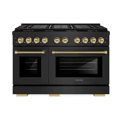 Front. ZLINE - Autograph 48 in. 6.7 Cu. Ft. Freestanding Paramount DuoPro Gas Range in Black Steel with Champagne Bronze Helix Handles - Black Stainless Steel.
