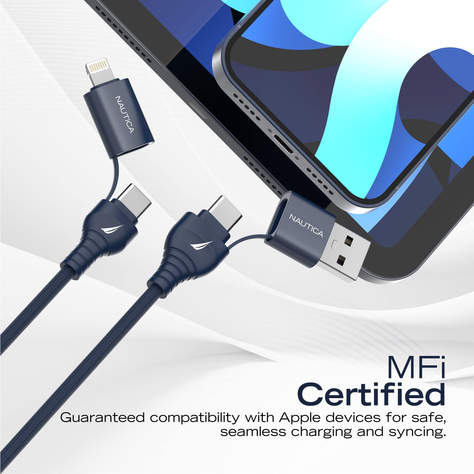 NAUTICA  
NAUTICA  

MFi Certified  
Guaranteed compatibility with Apple devices for safe, seamless charging and syncing.