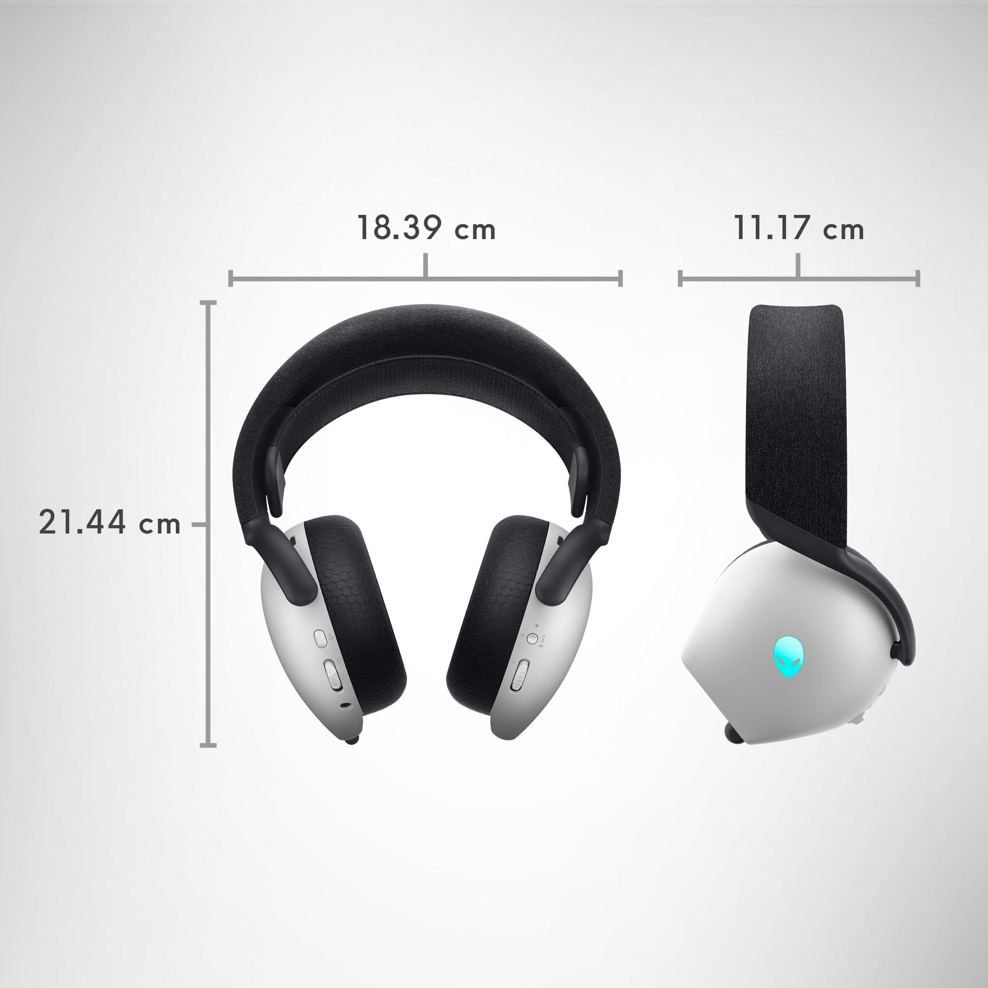 The text on the image reads "18.39 cm 11.17 cm 21.44 cm." This indicates that the headphones are 18.39 centimeters long, the headphones are 11.17 centimeters wide, and the headphones are 21.44 centimeters tall.