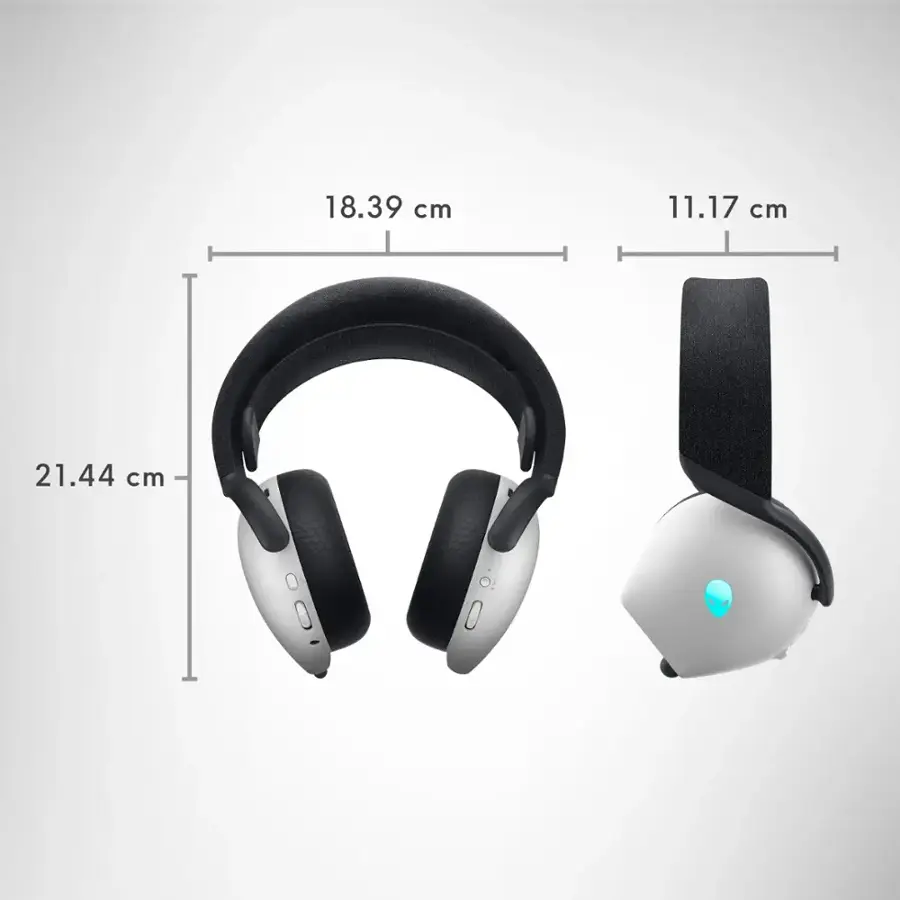 The text on the image reads "18.39 cm 11.17 cm 21.44 cm." This indicates that the headphones are 18.39 centimeters long, the headphones are 11.17 centimeters wide, and the headphones are 21.44 centimeters tall.