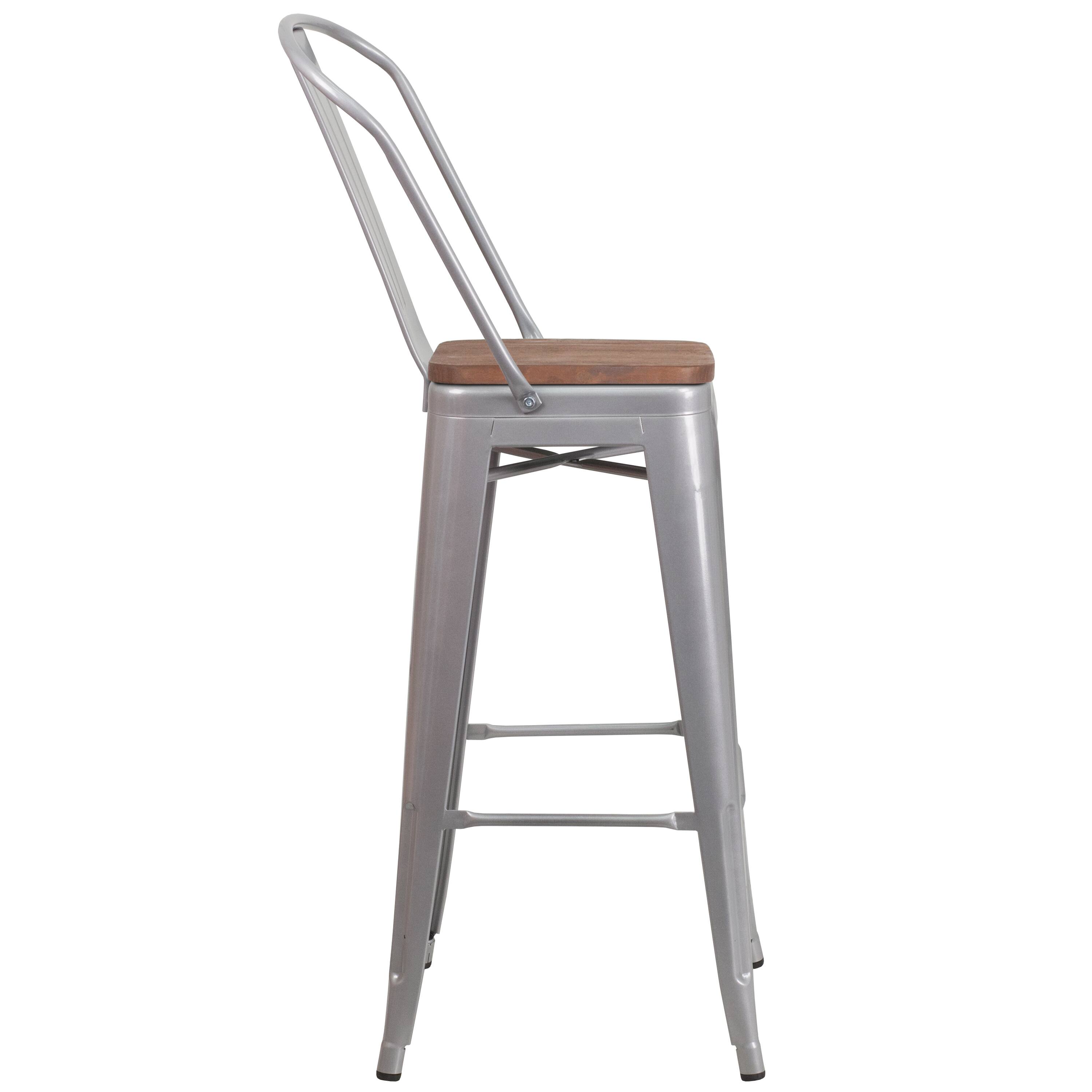 Alt View 6. Emma + Oliver - 30"H Metal Dining Barstool with Back and Square Wood Seat - Silver.