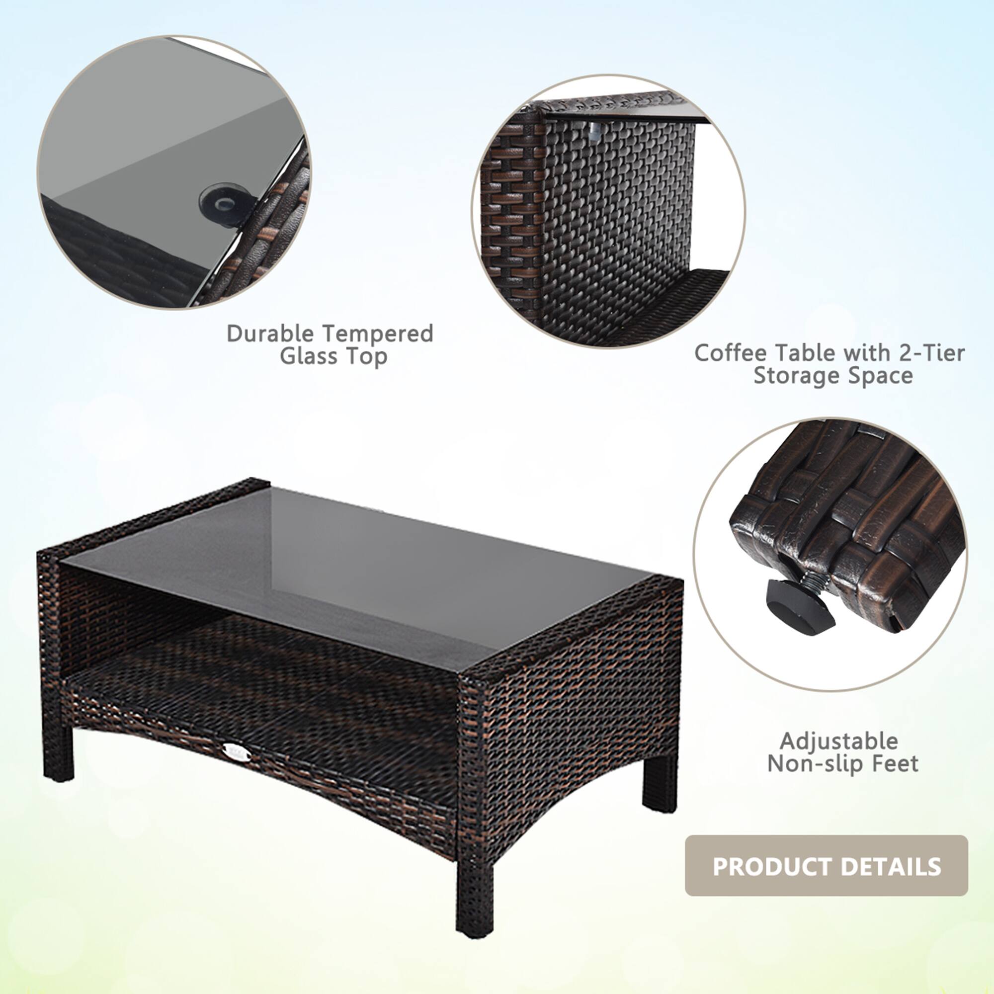 Durable Tempered Glass Top  
Coffee Table with 2-Tier Storage Space  
Adjustable Non-slip Feet  

PRODUCT DETAILS
