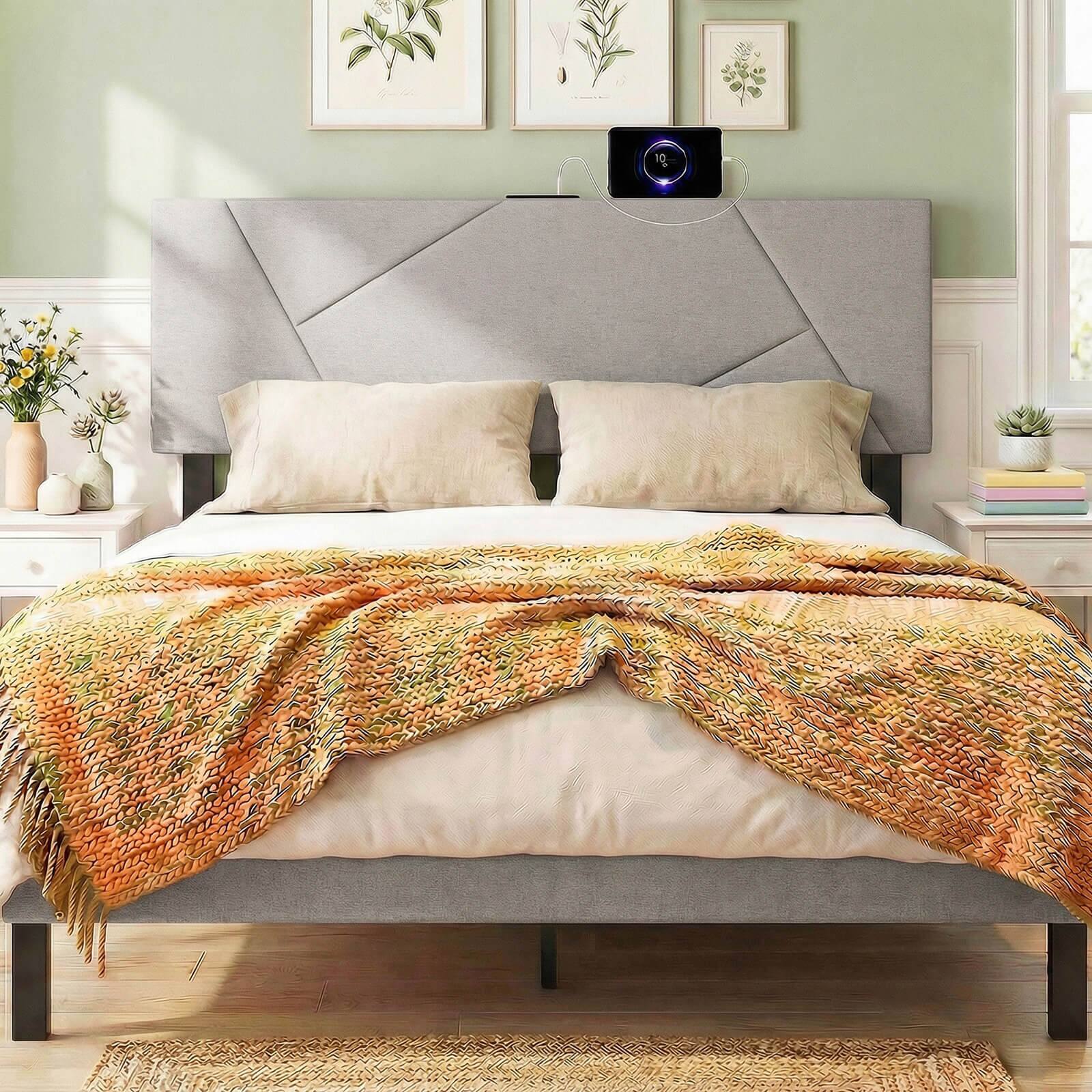 Alt View 3. Costway - Costway Headboard for Queen&Full Size Bed,Geometric Upholstered Head Board with 2AC Outlets - Gray.