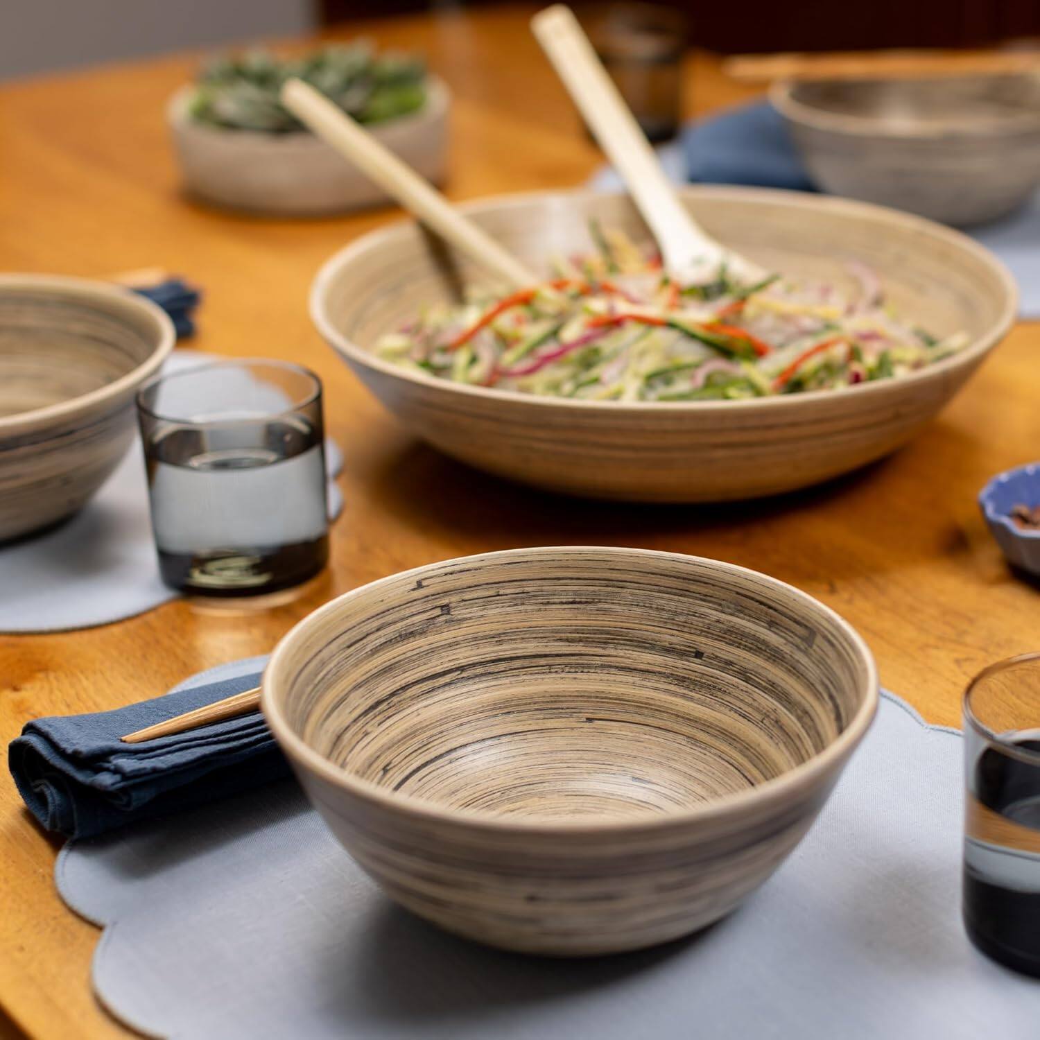 Alt View 4. Lexa - Bamboo Salad Bowl Set, 8 Inch x 4, Black Bamboo - Black/Natural.