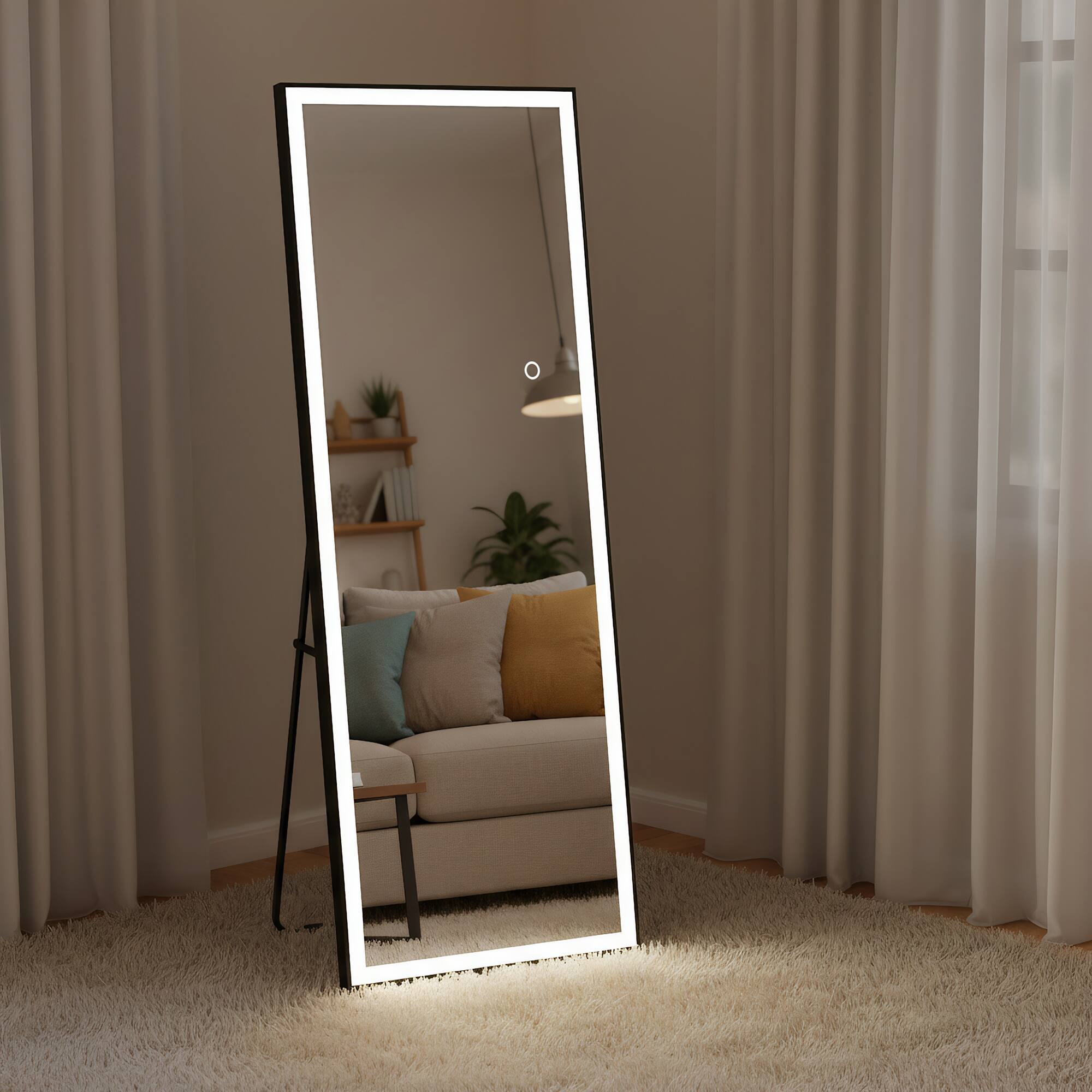Left. Spaco - Spaco 65 x 22 Rectangle Black Framed Led Full-Length Tempered Mirror with Adjustable 3-Color LED Light - Black.