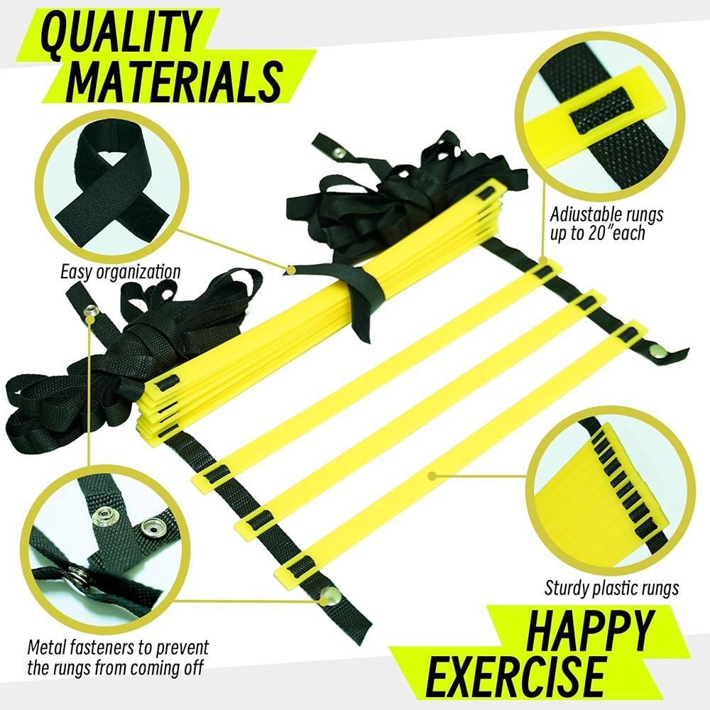 QUALITY MATERIALS

- Easy organization
- Adjustable rungs up to 20" each
- Metal fasteners to prevent the rungs from coming off
- Sturdy plastic rungs

HAPPY EXERCISE
