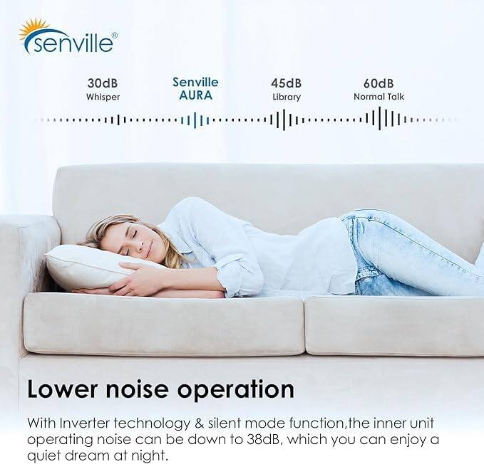 Senville 30dB Whisper  
Senville AURA 45dB Library 60dB Normal Talk  
Lower noise operation  
With Inverter technology & silent mode function, the inner unit operating noise can be down to 38dB, which you can enjoy a quiet dream at night.