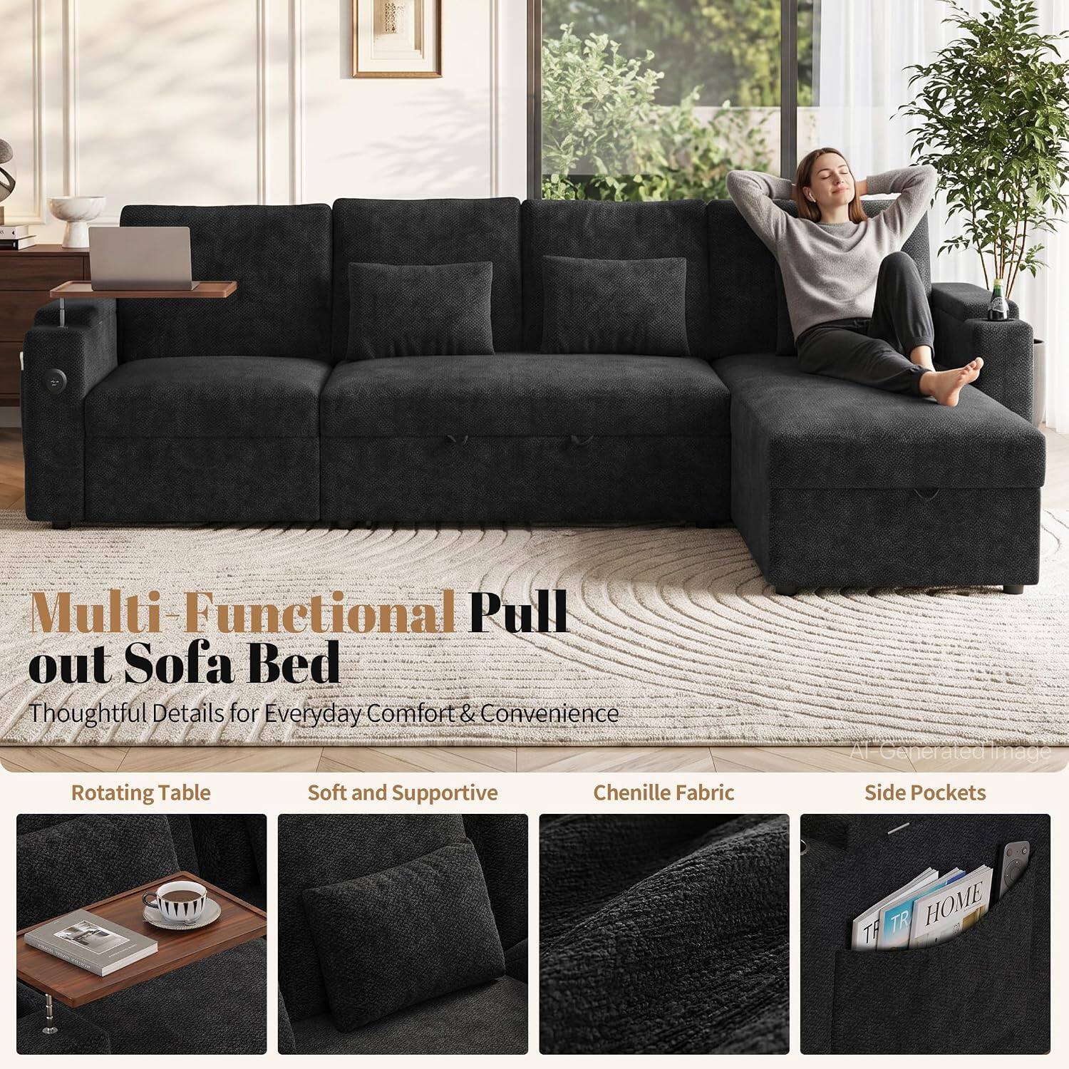 Multi-Functional Pull out Sofa Bed  
Thoughtful Details for Everyday Comfort & Convenience  
Rotating Table  
Soft and Supportive Chenille Fabric  
Side Pockets  
TH TR HOME