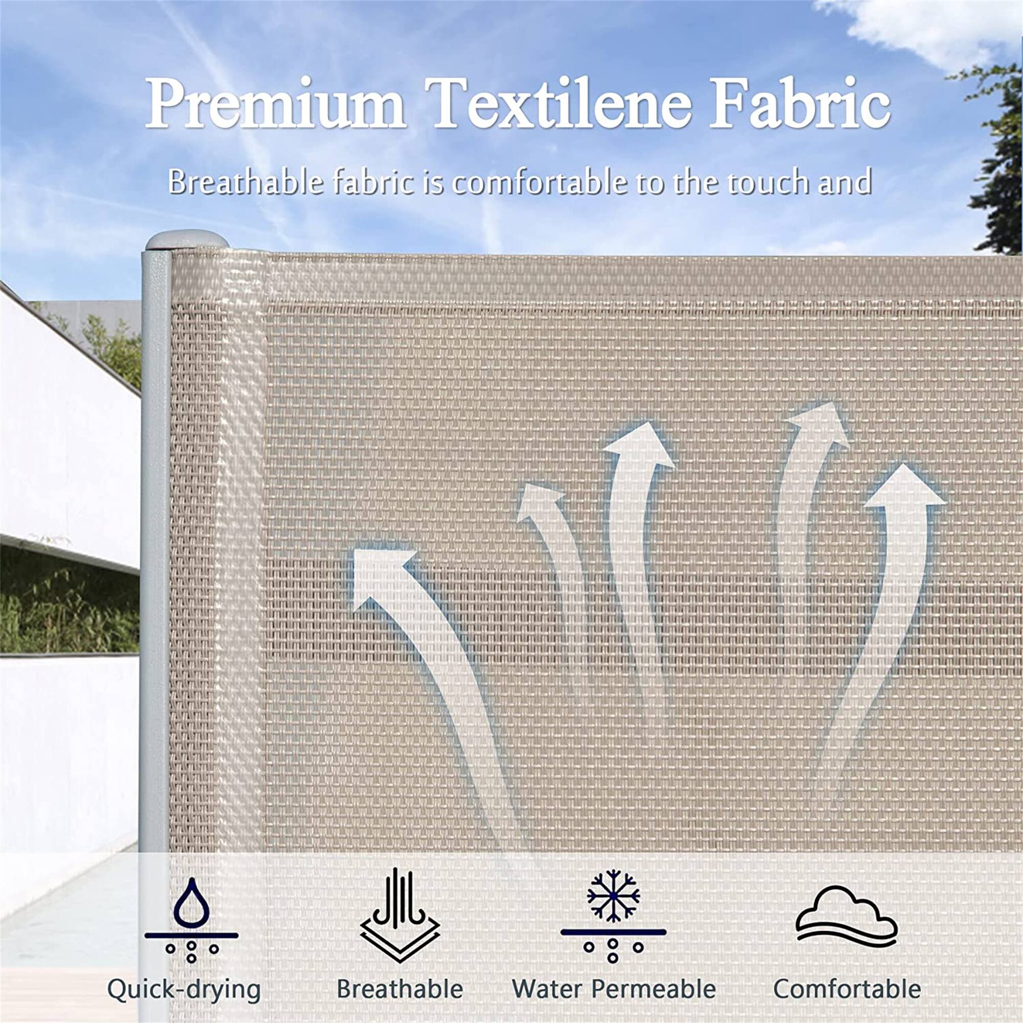 Premium Textilene Fabric

Breathable fabric is comfortable to the touch and

- Quick-drying
- Breathable
- Water Permeable
- Comfortable