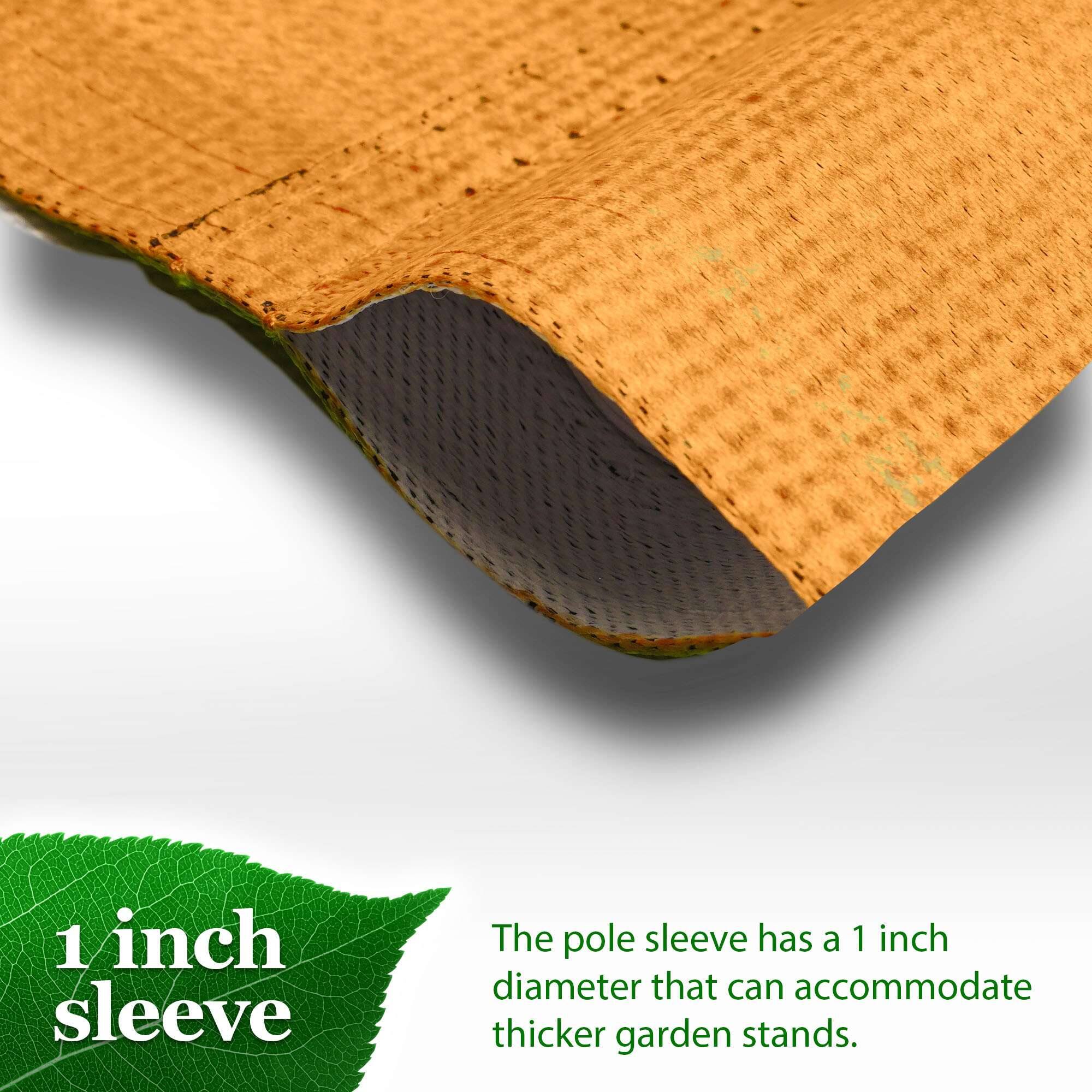 1 inch sleeve

The pole sleeve has a 1 inch diameter that can accommodate thicker garden stands.