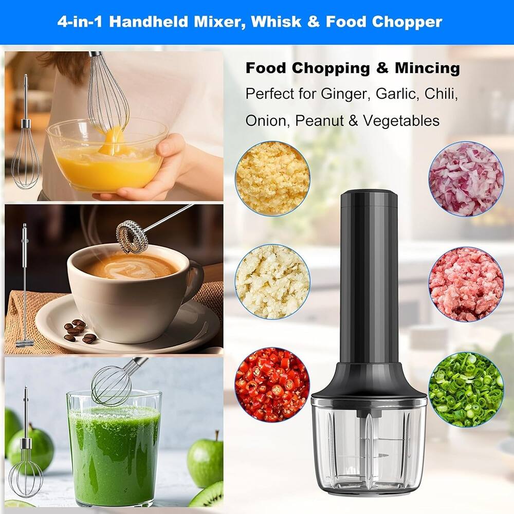 4-in-1 Handheld Mixer, Whisk & Food Chopper

Food Chopping & Mincing
Perfect for Ginger, Garlic, Chili, Onion, Peanut & Vegetables