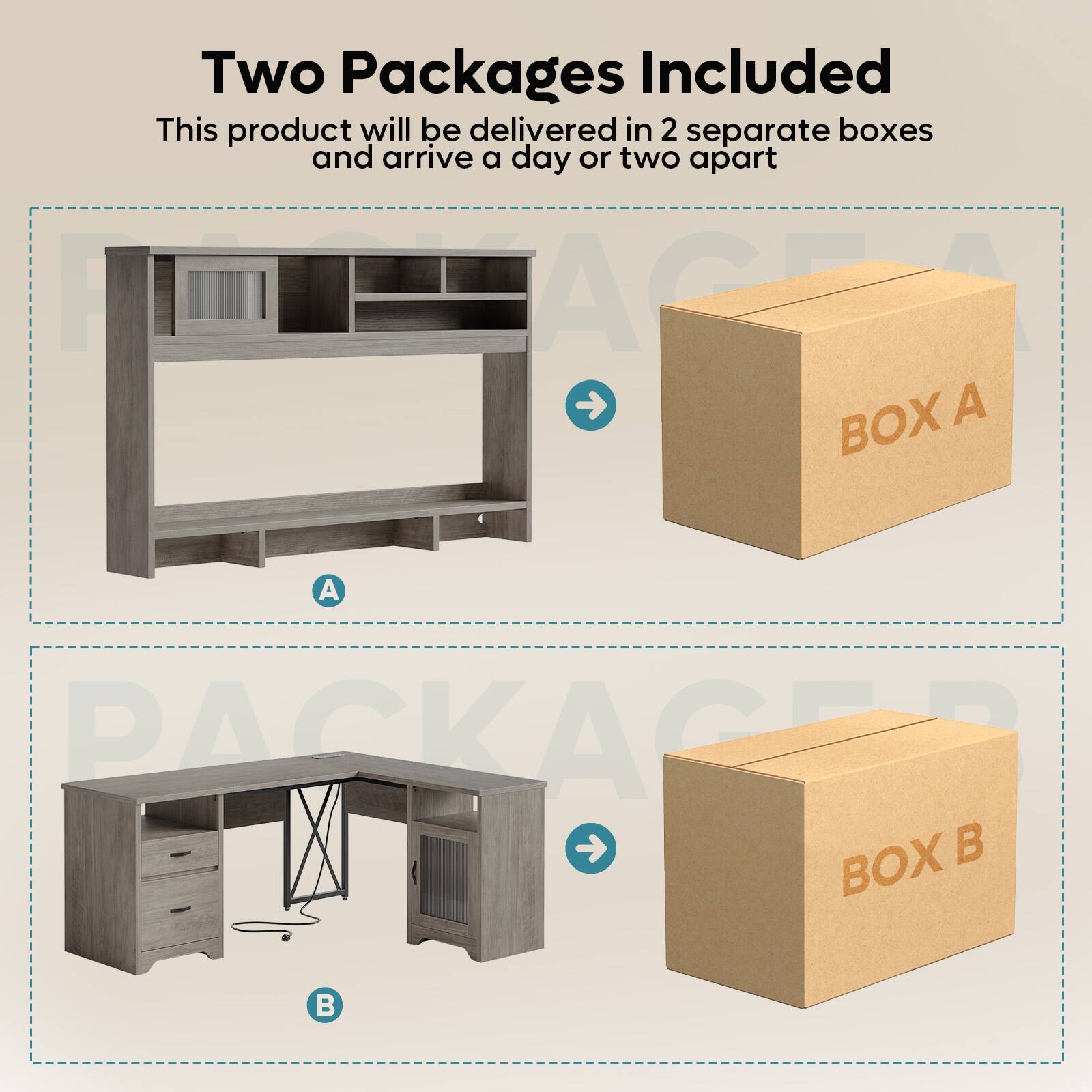 Two Packages Included  
This product will be delivered in 2 separate boxes and arrive a day or two apart  

A  
B  

BOX A  
BOX B