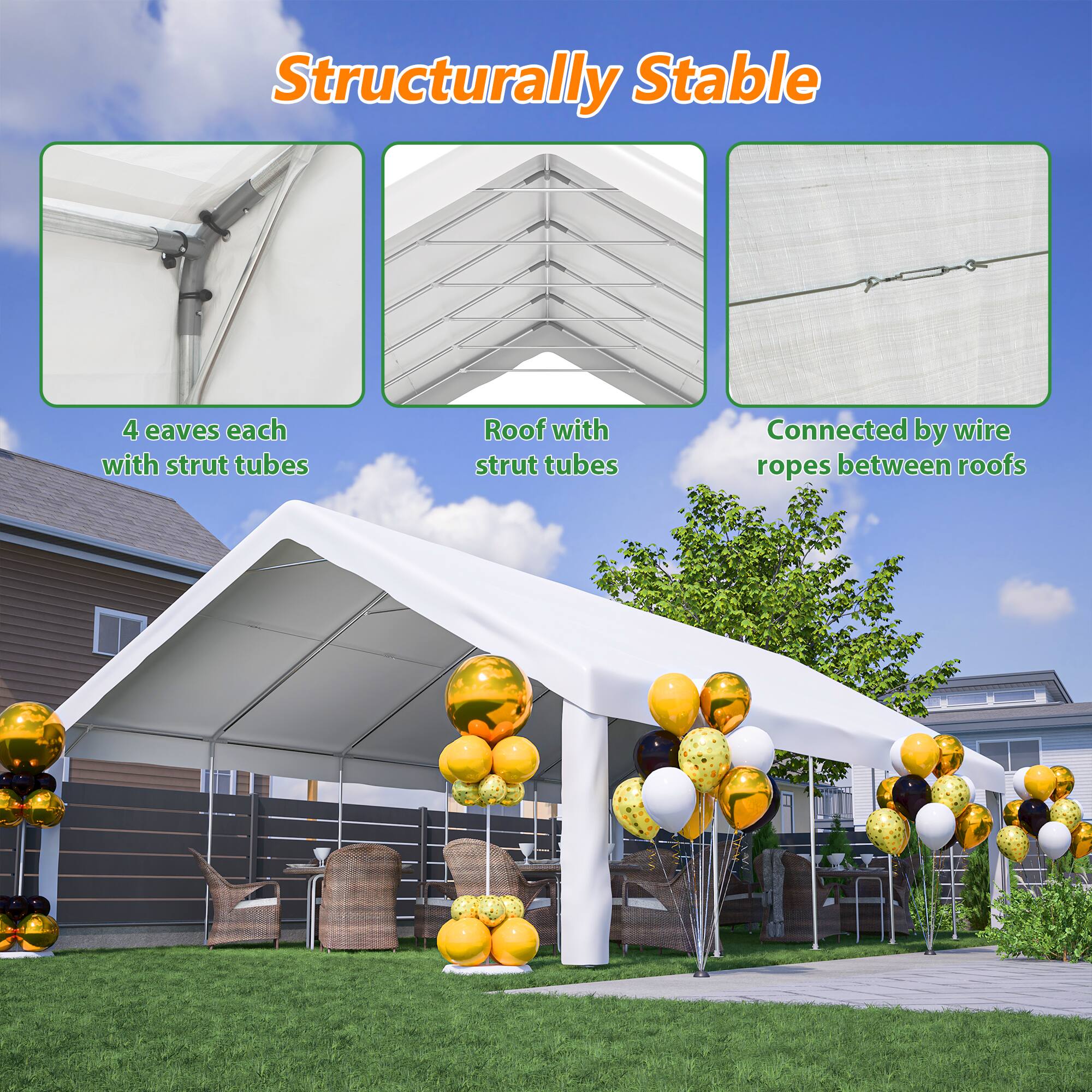 Structurally Stable

4 eaves each with strut tubes

Roof with strut tubes

Connected by wire ropes between roofs