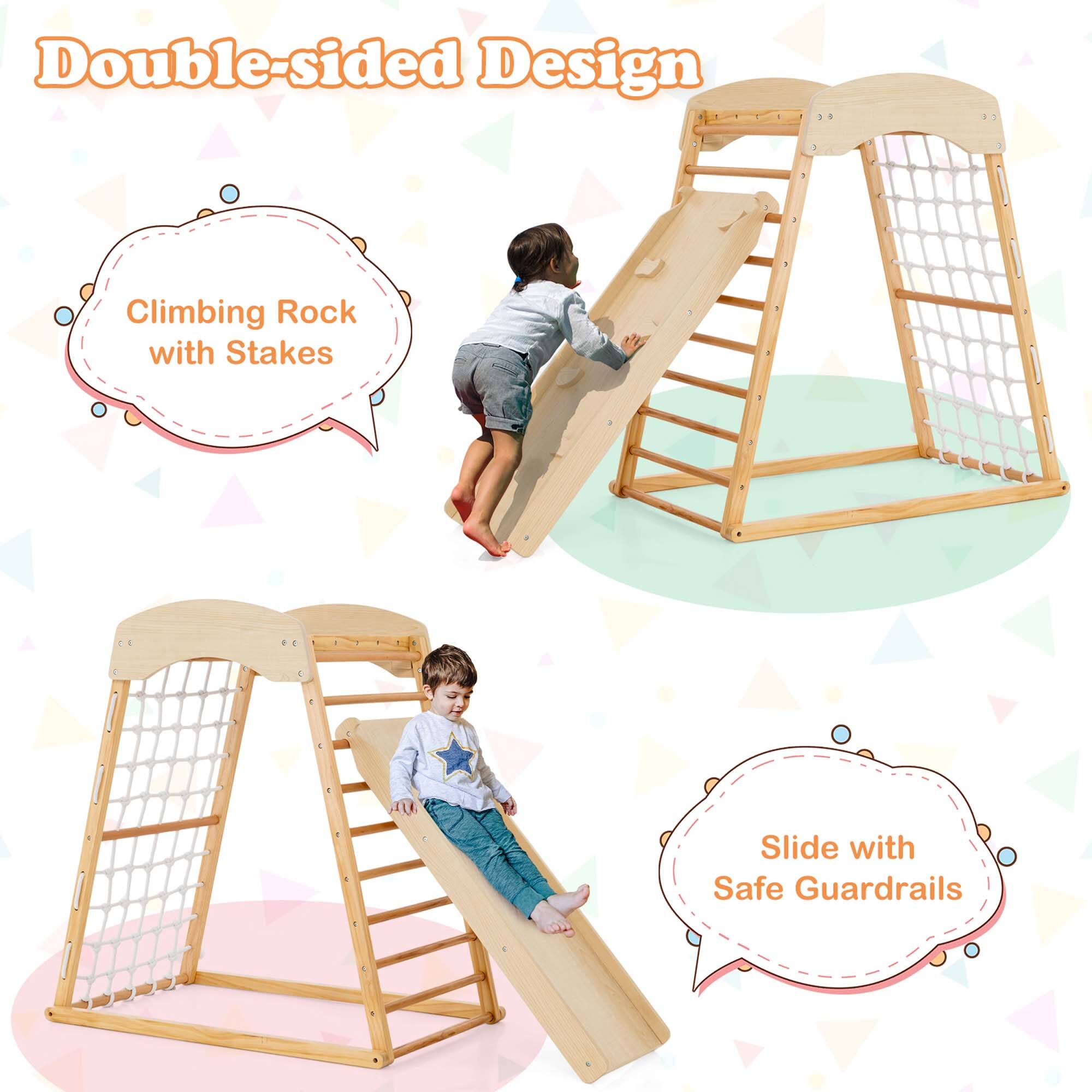 Double-sided Design, Climbing Rock with Stakes, Slide with Safe Guardrails