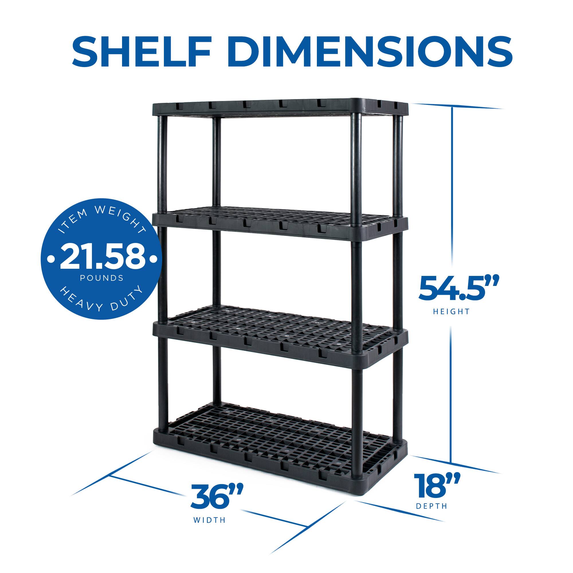 SHELF DIMENSIONS

- ITEM WEIGHT: 21.58 POUNDS
- HEAVY DUTY
- HEIGHT: 54.5"
- WIDTH: 36"
- DEPTH: 18"