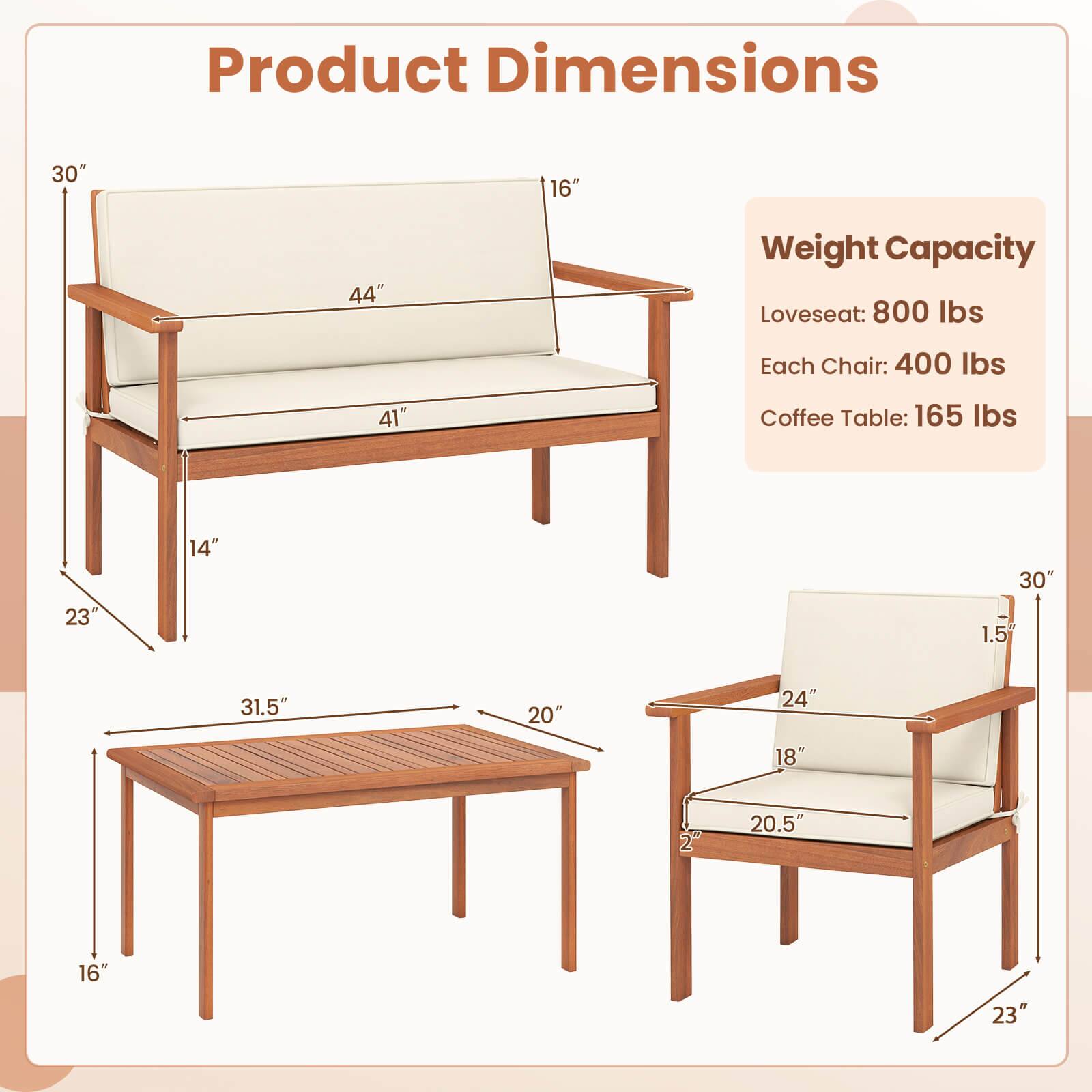 Product Dimensions: 30" 16" 44" 14" 30" 23" 1.5 31.5" 20" 24" 18" 2 20.5" 16" 23"

Weight Capacity: Loveseat: 800 lbs Each Chair: 400 lbs Coffee Table: 165 lbs