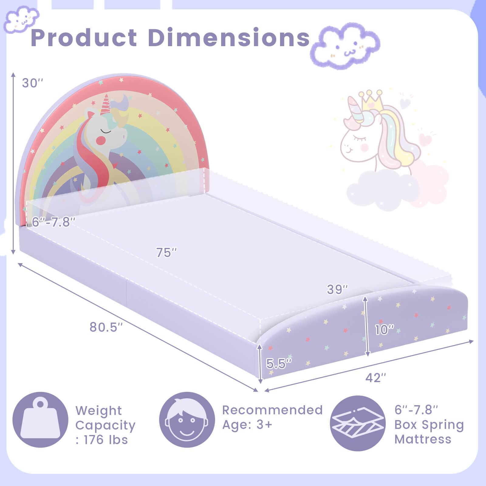 Product Dimensions  
30" x 75" x 80.5"  
6"-7.8"  
5.5"  
42" x 39" x 10"  

Weight Capacity: 176 lbs  

Recommended Age: 3+  

6"-7.8" Box Spring Mattress