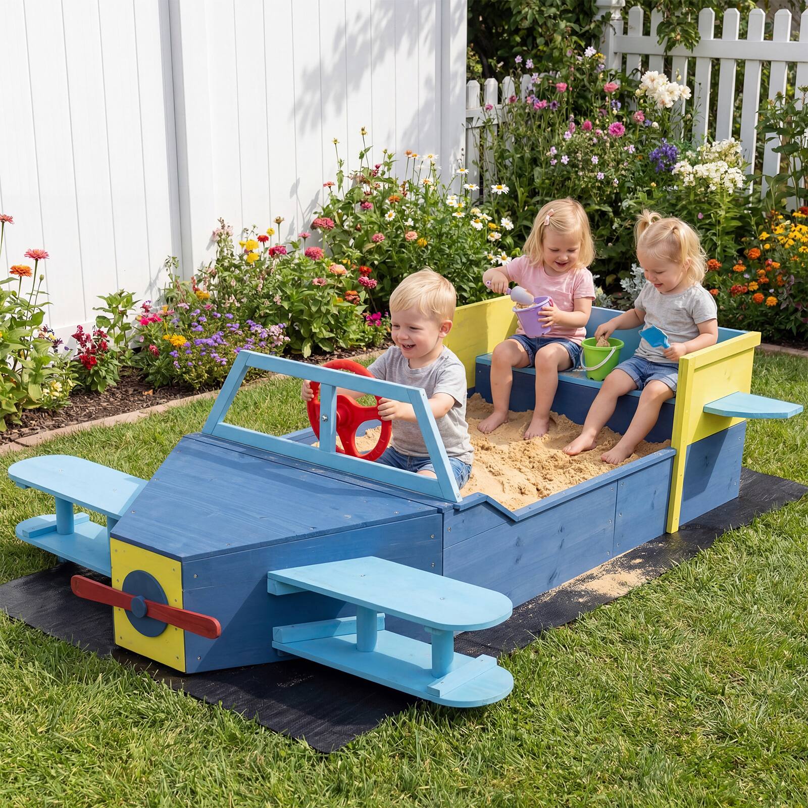 Alt View 3. Costway - Costway Large Wooden Kids Sandbox with Bottom Liner, Glider-Shape Outdoor Sand Box - Blue.