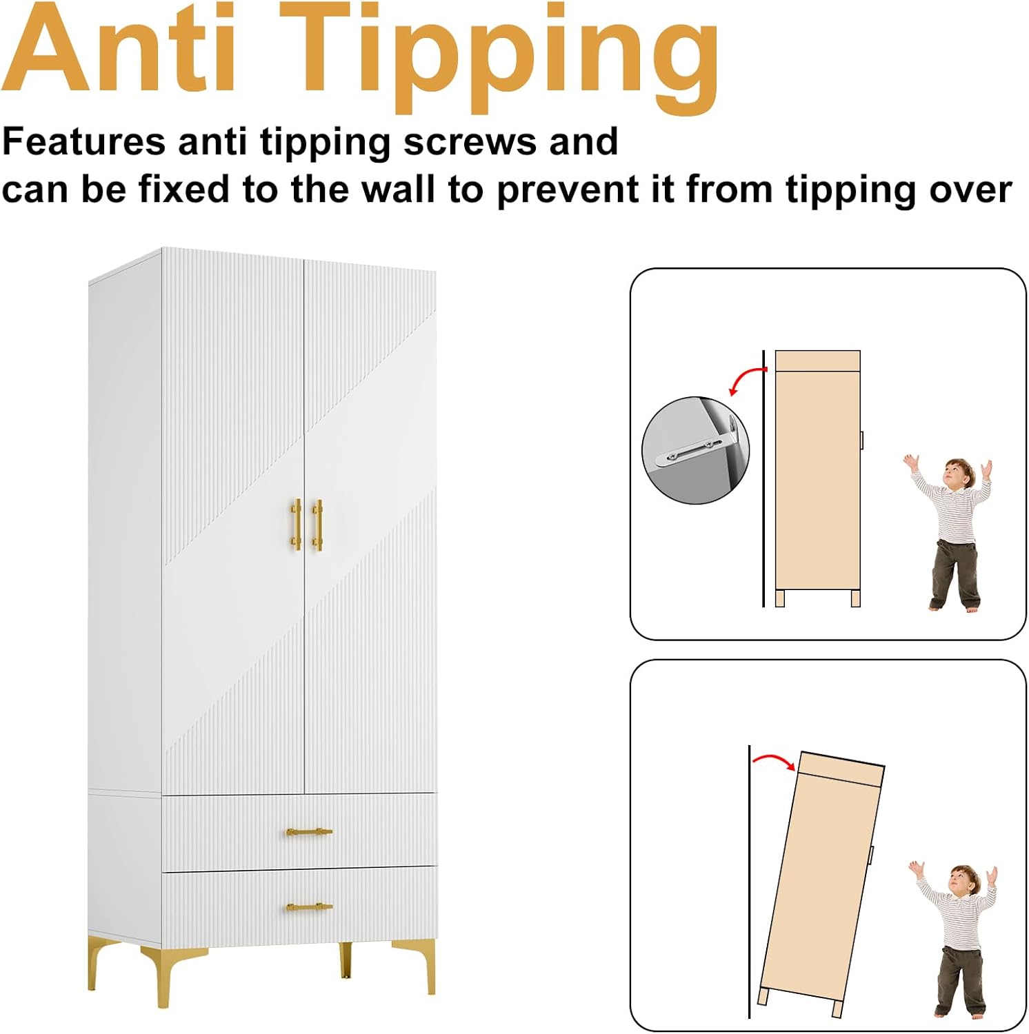 Anti Tipping Features anti tipping screws and can be fixed to the wall to prevent it from tipping over