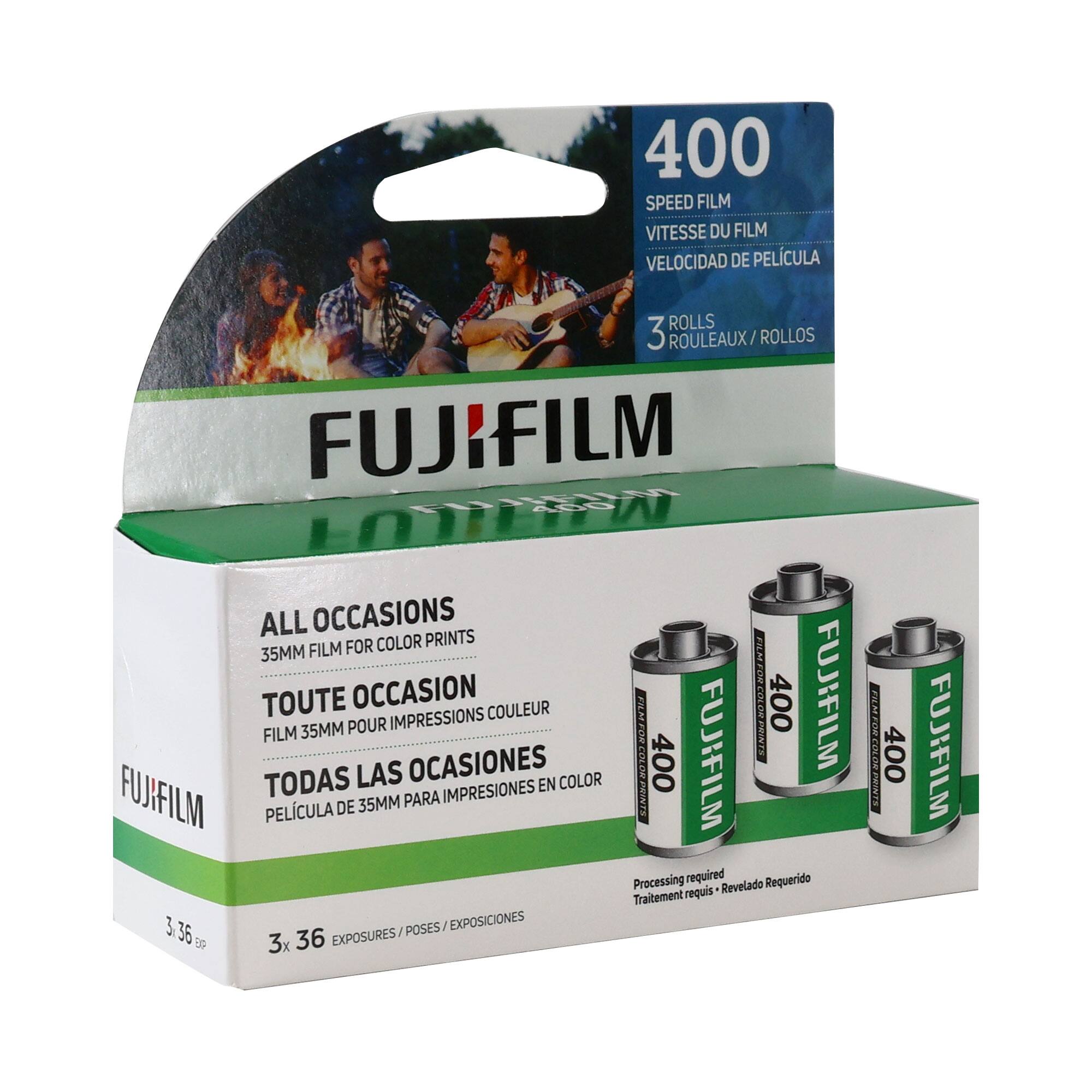 400 SPEED FILM  
VITESSE DU FILM  
VELOCIDAD DE PELICULA  

3 ROLLEAUX / ROLLOS  

FUJIFILM  
ALL OCCASIONS  
FOR COLOR PRINTS  
FILM 35MM  
TOUTE OCCASION  
COULEUR  
TODAS LAS OCASIONES  
PELICULA DE 35MM  
PARA IMPRESIONES EN COLOR  

Processing required  
Revelado Requerido  
Traitement requis  

3 POSES / EXPOSICIONS  
3x 36  
3.36g  

3 x 36 EXPOSURES / POSES / EXPOSICIONES
