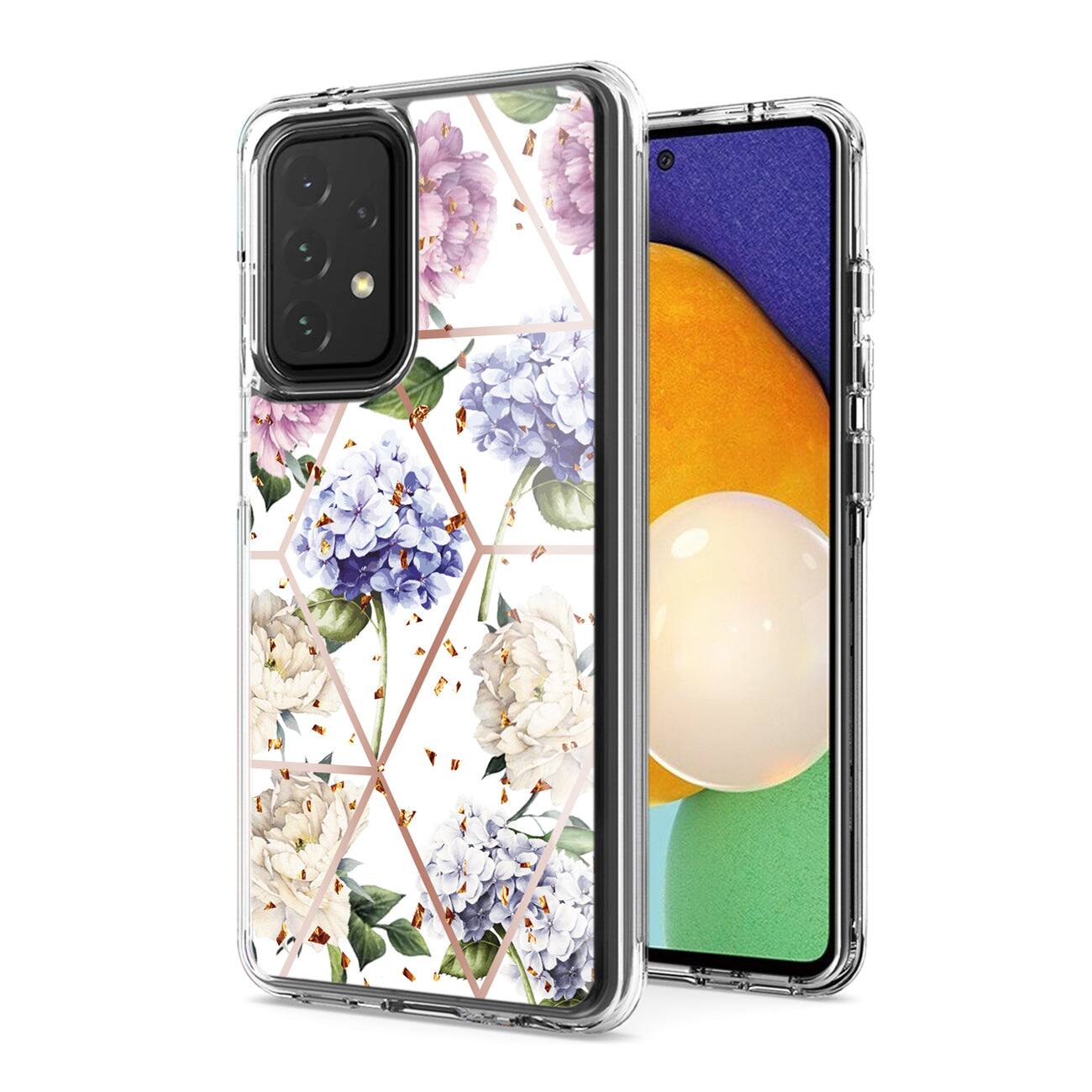 Front. Reiko - Flower Design Dual Layer Hybrid Hard Plastic & Soft TPU Case Cover for Samsung Galaxy A52 5G Light Purple Base - Multicolor.