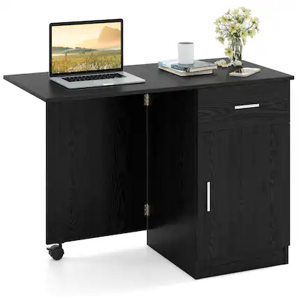 Front. Costway - Costway Folding Computer Desk with Drawer Cabinet & Adjustable Shelf Wheel for Living Room, Black - Black.