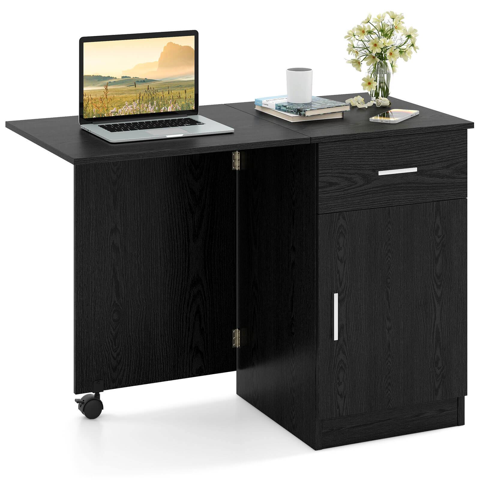 Costway - Folding Computer Desk with Drawer Cabinet & Adjustable Shelf Wheel for Living Room - Black