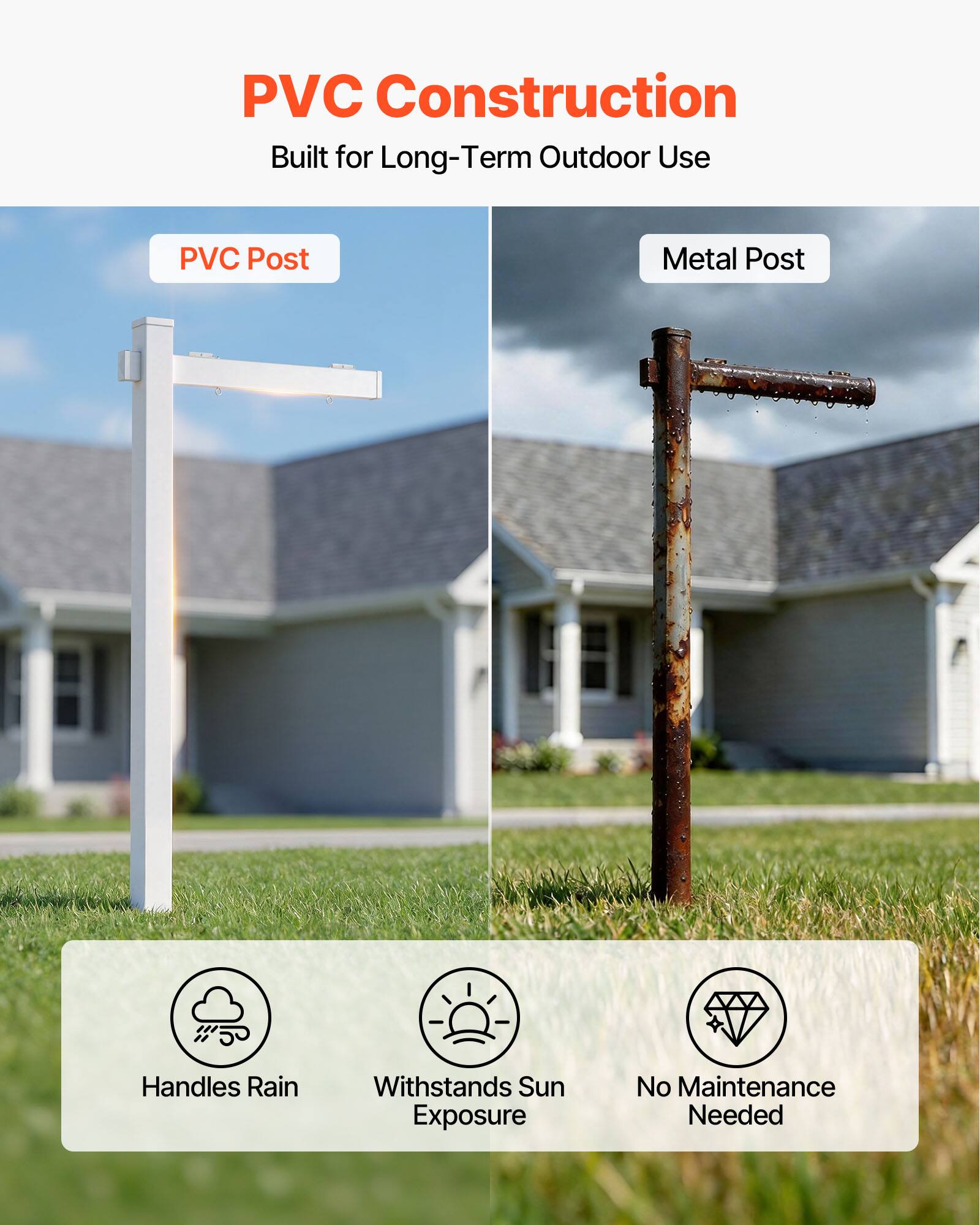 PVC Construction  
Built for Long-Term Outdoor Use  

PVC Post  
Metal Post  

Handles Rain  
Withstands Sun Exposure  
No Maintenance Needed