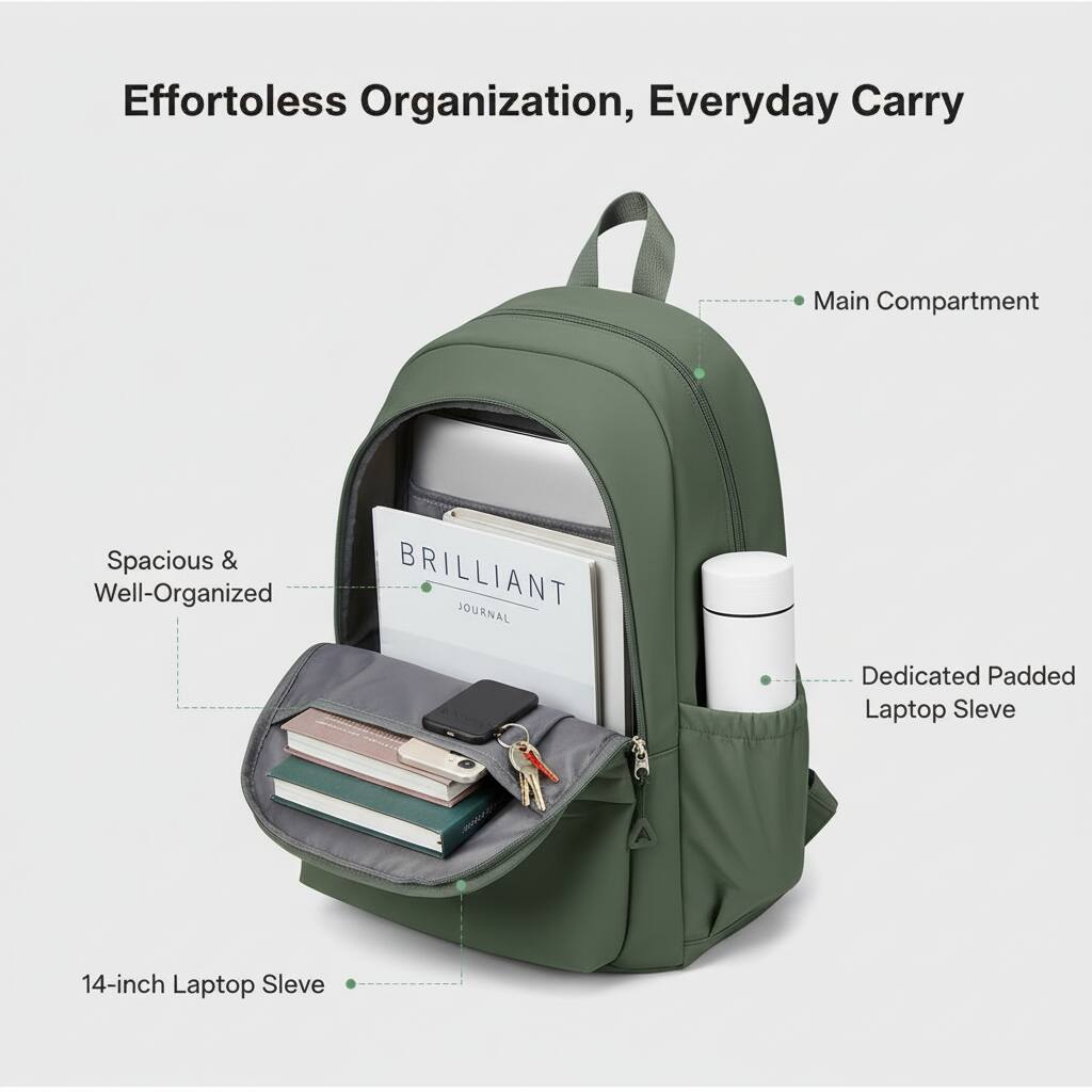 Effortless Organization, Everyday Carry

- Main Compartment
- Spacious & Well-Organized
- Dedicated Padded Laptop Sleeve
- 14-inch Laptop Sleeve