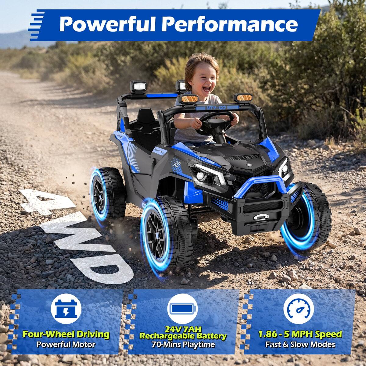 Powerful Performance  
MTV-GO GO  
nWTes RD 4WD  
24V 7AH  
Four-Wheel Driving  
Rechargeable Battery  
Powerful Motor  
70-Mins Playtime  
1.86-5 MPH Speed  
Fast & Slow Modes