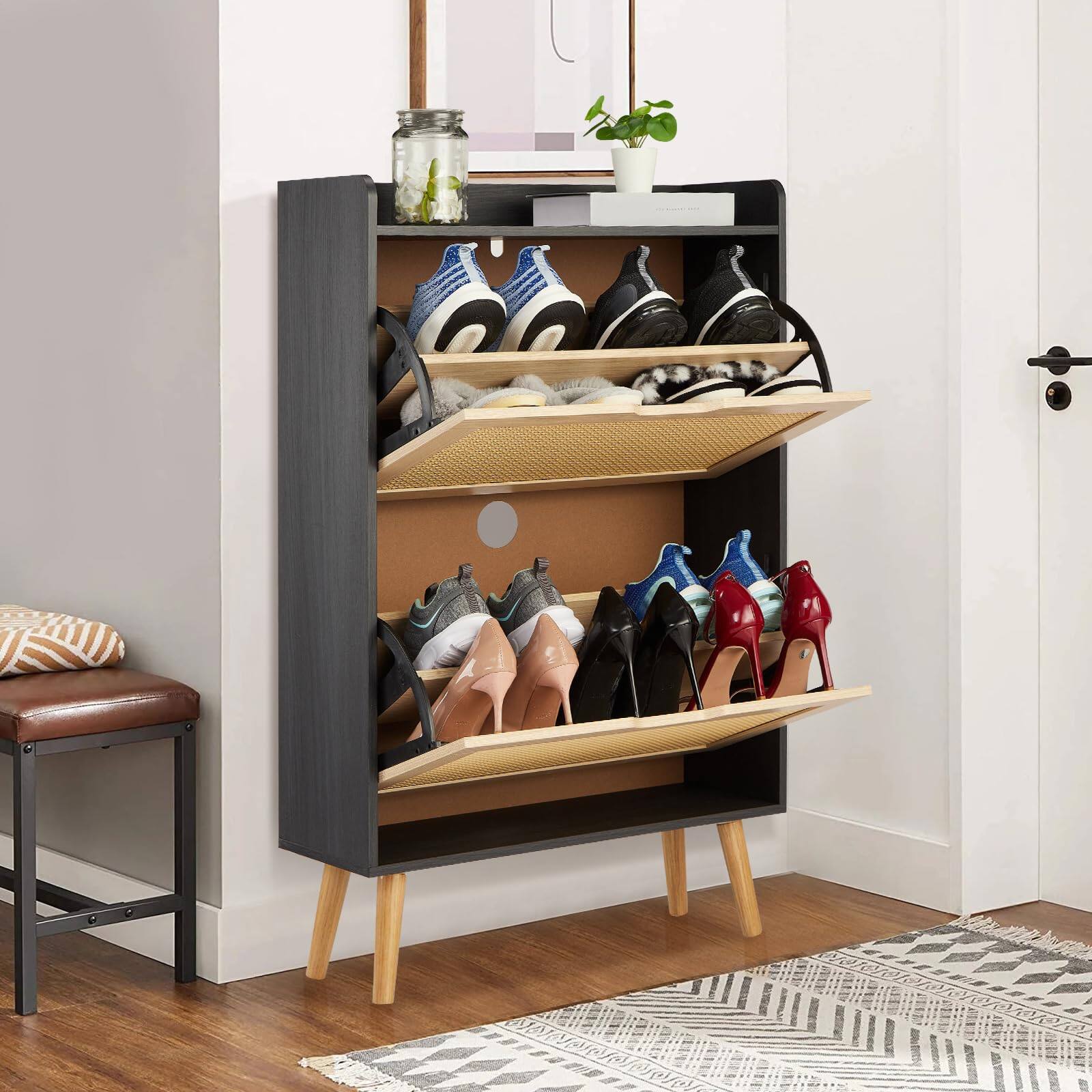 Alt View 1. Babevy - Shoe Storage Cabinet with Flip-Drawers, Ventilated Hidden Narrow Shoe Cabinet | Odor-Resistant MDF Shoe Cabinet Storage - Black.