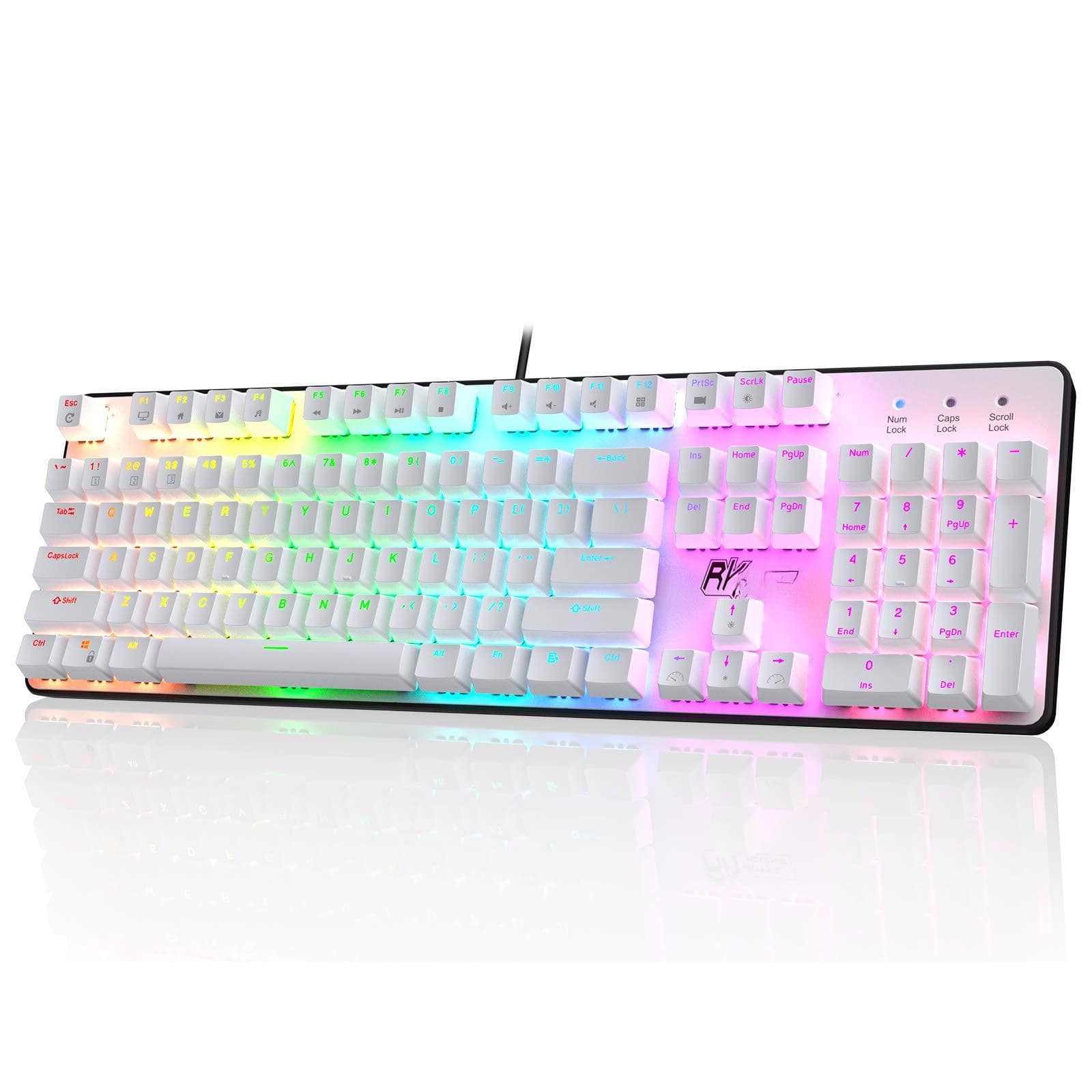 TECH SAFARI - Rk920 Full Size Mechanical Rainbow Backlit Gaming 104 Keys Wired With Number Pad Tactile - White
