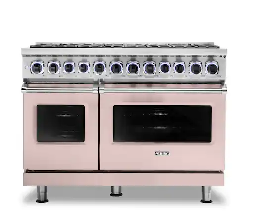 The image features a large, stainless steel Viking oven with a pink exterior. The oven has a total of 14 burners, including six burners on the top and eight burners on the bottom. The oven is designed for commercial use and is likely to be found in a restaurant or professional kitchen setting.