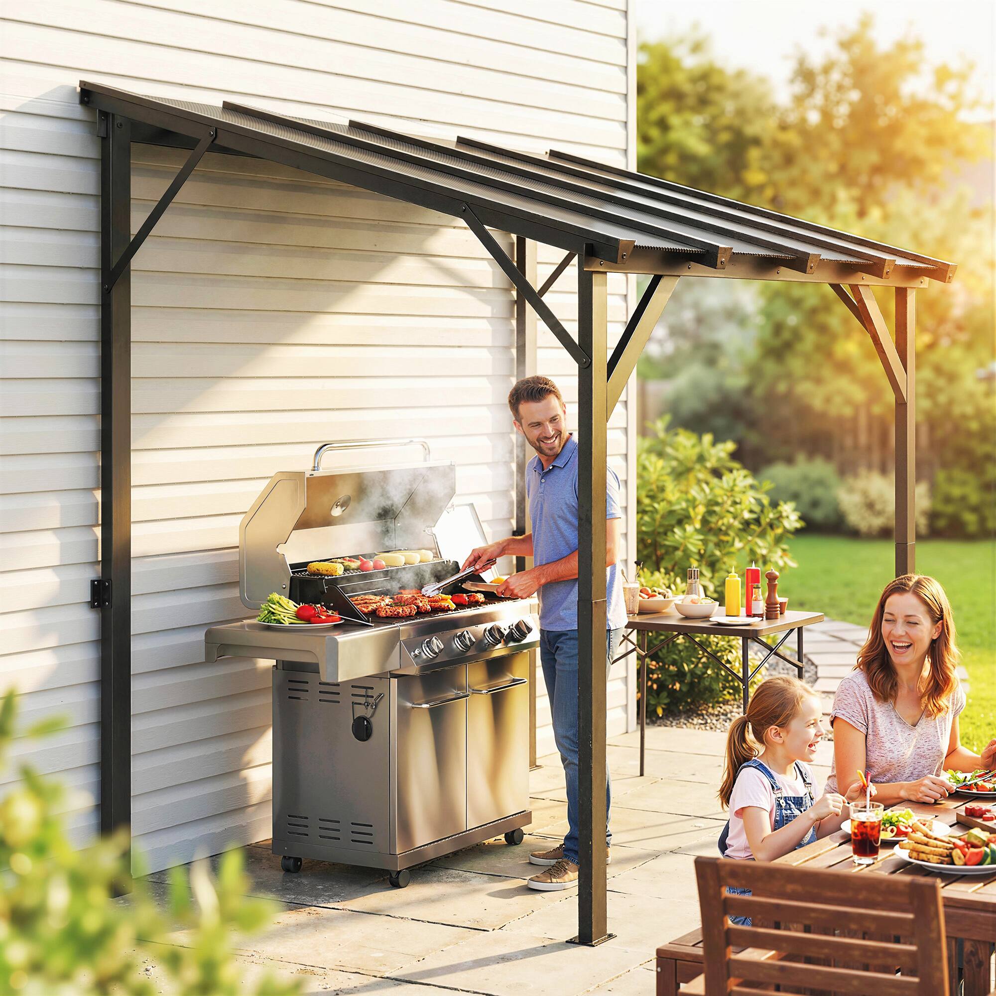 Alt View 7. Outsunny - 8' x 5' Hardtop Grill Gazebo, Lean-to BBQ Gazebo Shelter, Wall-Mounted Pergola with Polycarbonate Roof and Steel Frame.