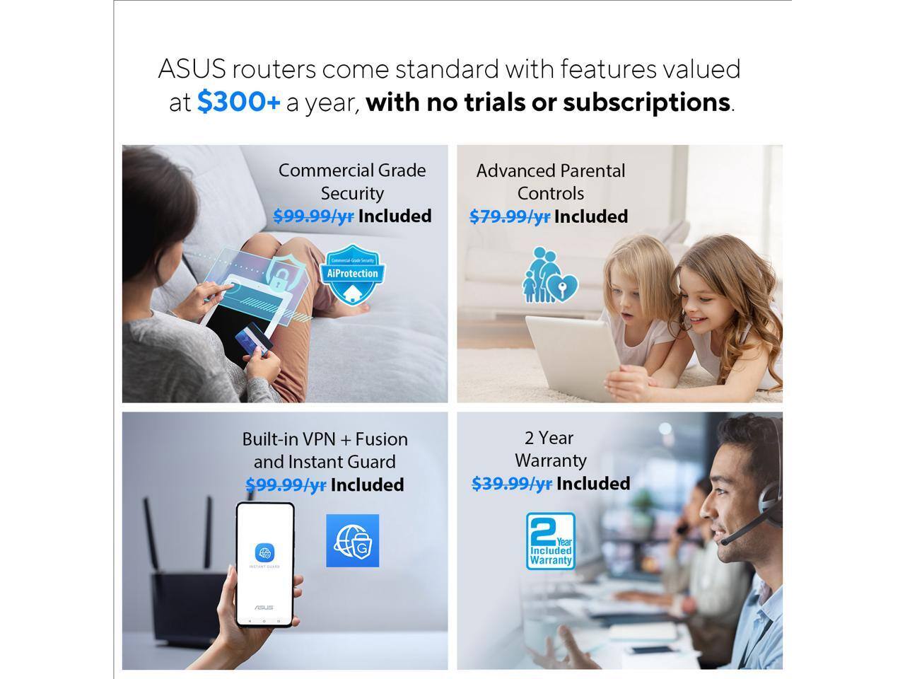 ASUS routers come standard with features valued at $300+ a year, with no trials or subscriptions.

- Commercial Grade Security: $99.99/yr Included
- Advanced Parental Controls: $79.99/yr Included
- Built-in VPN + Fusion and Instant Guard: $99.99/yr Included
- 2 Year Warranty: $39.99/yr Included