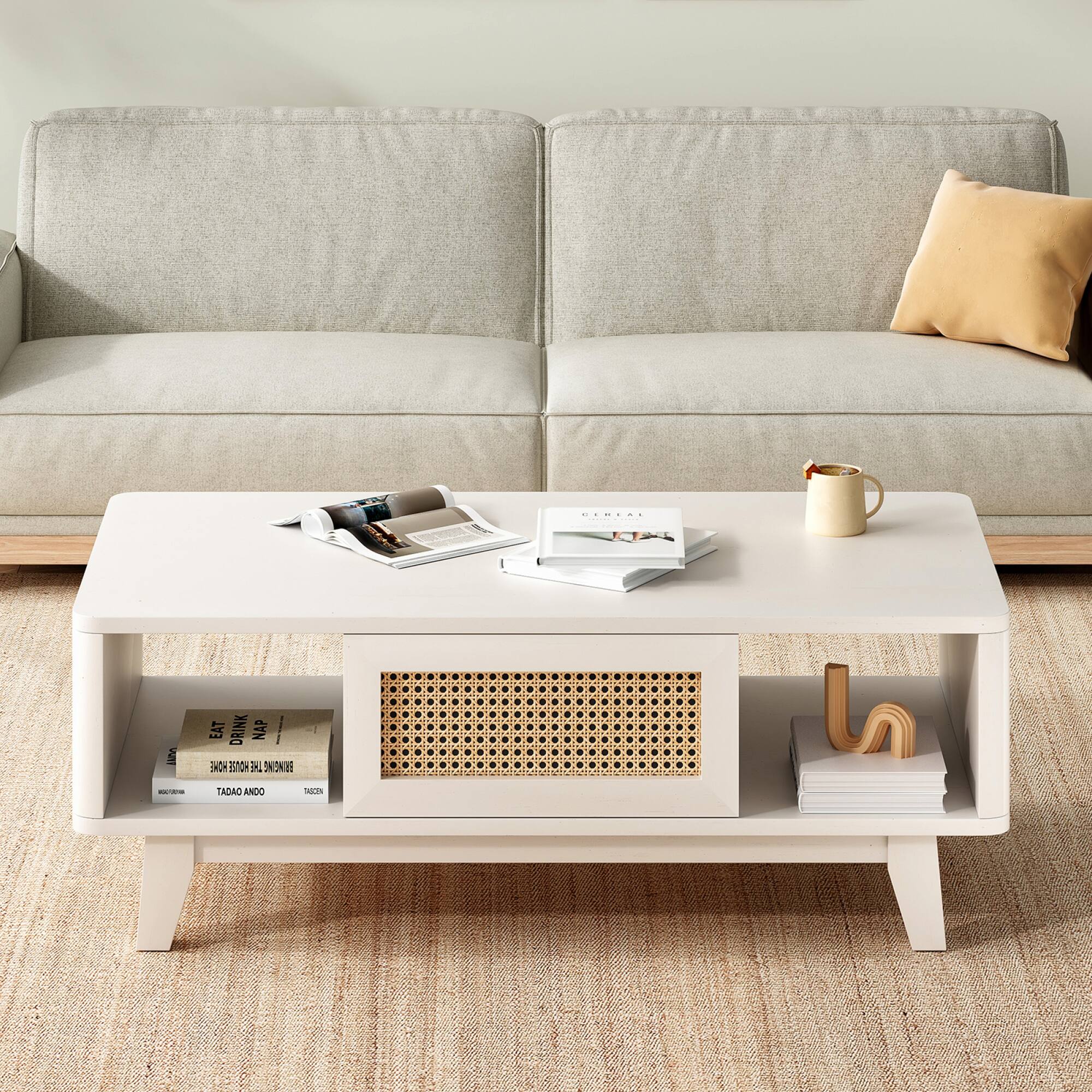 GOODSILO - Mid Century Modern Storage Coffee Table with Rattan Drawer and Solid Wood Legs for Living Room Furniture - White