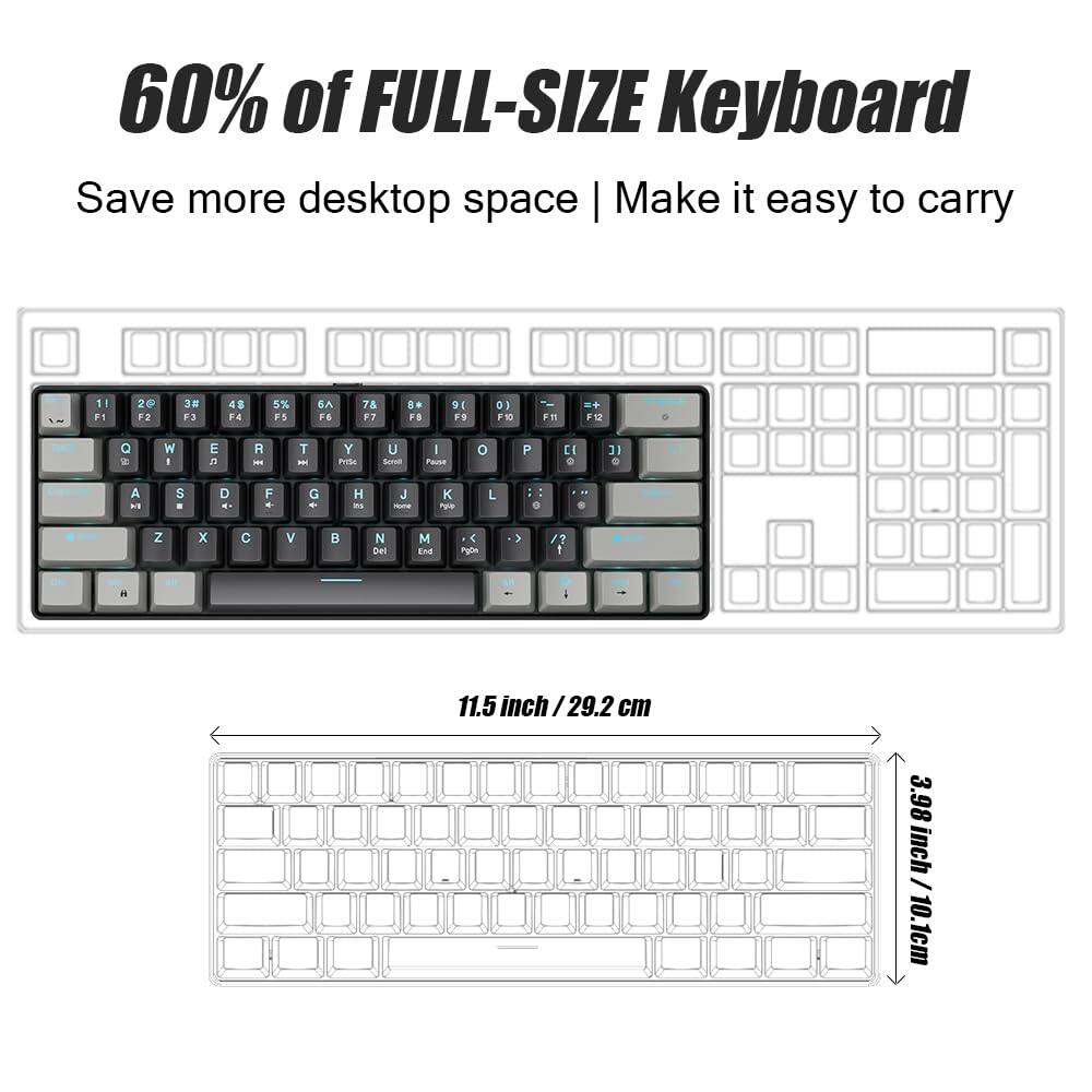 60% of FULL-SIZE Keyboard  
Save more desktop space | Make it easy to carry  

11.5 inch / 29.2 cm  
3.98 inch / 10.1 cm