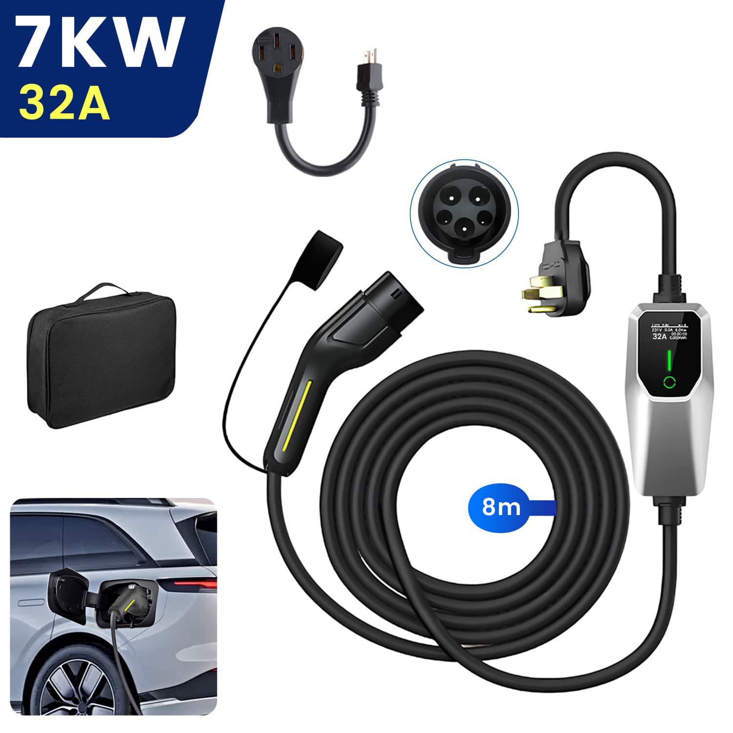 Junsun - Type2 Portable Electric Vehicle (EV) Charger For all Electric Vehicles 240V 32A 8M 2 NEMA 14-50 Plugs 7KW - Silver
