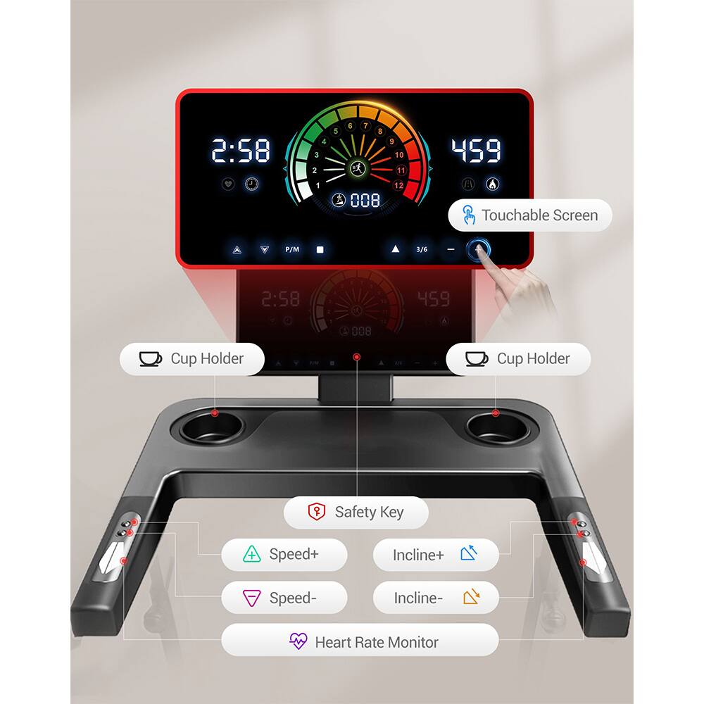 2:58  
4 3 2 1 G 7 5 8 5 10 11 12  
S 008 459  
6 S  
Touchable Screen P/M 3./6  
- 2:58  
- 459 008  
- Cup Holder LN  
- Cup Holder O  
- Safety Key  
- Speed+  
- Incline+  
- Speed-  
- Incline-  
- Heart Rate Monitor