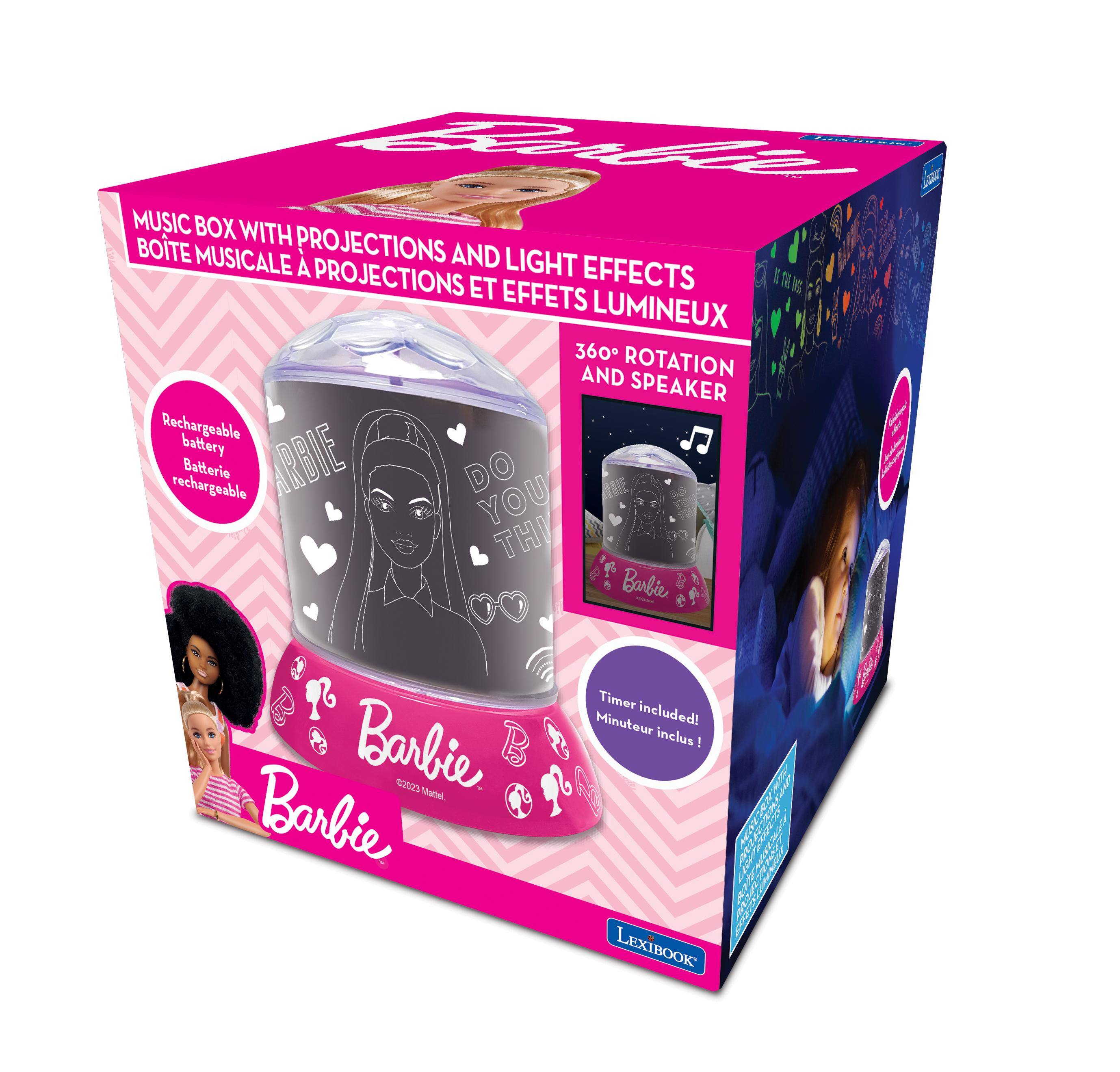 Bender LEGROS MUSIC BOX WITH PROJECTIONS AND LIGHT EFFECTS BOITE MUSICALE À PROJECTIONS ET EFFETS LUMINEUX 360° ROTATION AND SPEAKER

Rechargeable battery rechargeable Batterie rechargeable

Timer Minuteur included! inclus

Barbie 2023 Mattel

LEXIBOOK