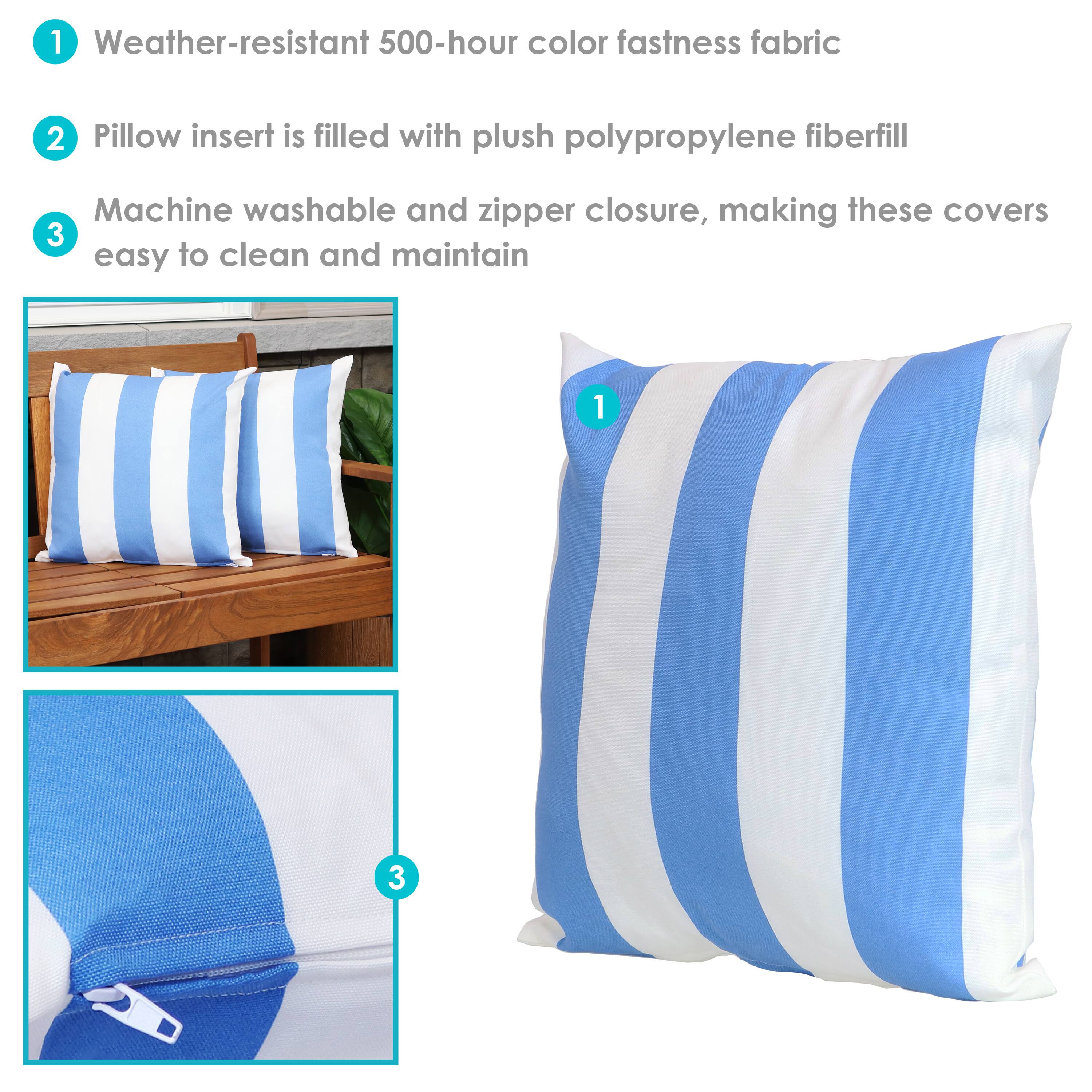 1. Weather-resistant 500-hour color fastness fabric

2. Pillow insert is filled with plush polypropylene fiberfill

3. Machine washable and zipper closure, making these covers easy to clean and maintain