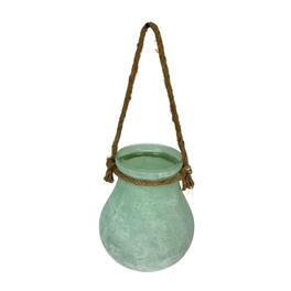 India House Brass - Frosted Hanging Glass Lantern Vase with Rope Handle 15.75 In - Green