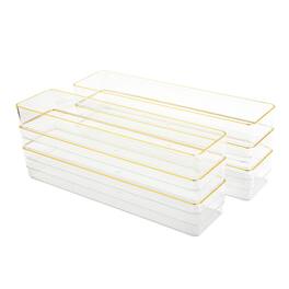 Martha Stewart - Kerry Set of 6 Plastic Stacking Desk Drawer Organizers with Gold Trim - 12 x 3 - Clear/Gold Trim